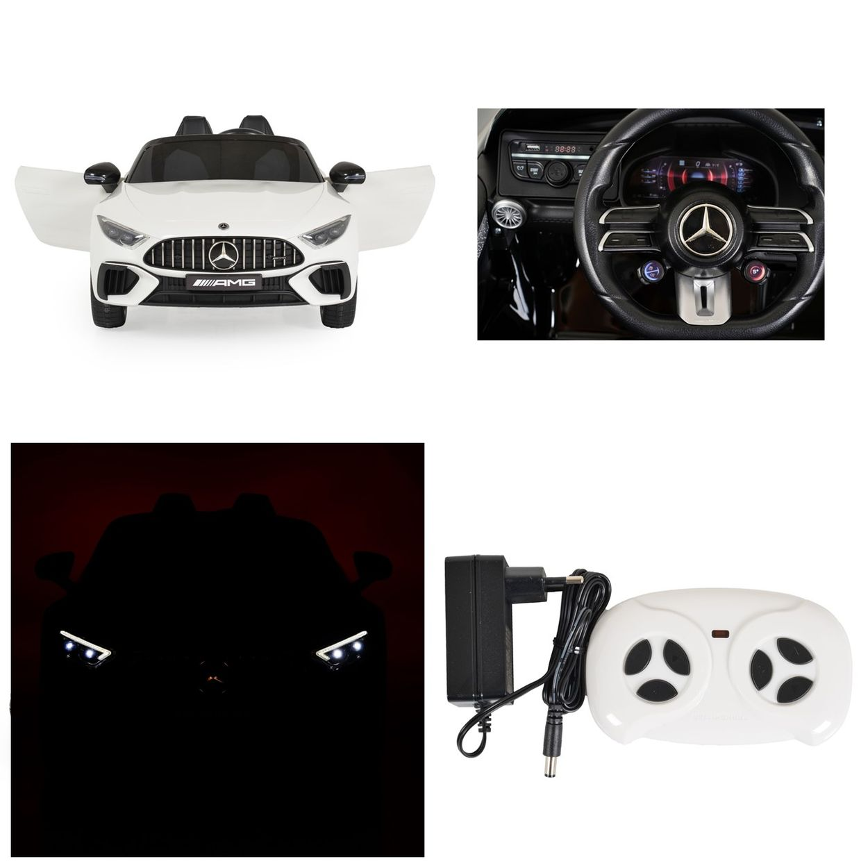 Vier Bilder: weißes Spielzeugauto mit geöffneten Türen, Autolenkrad, Autoscheinwerfer und eine Fernbedienung mit Ladegerät.