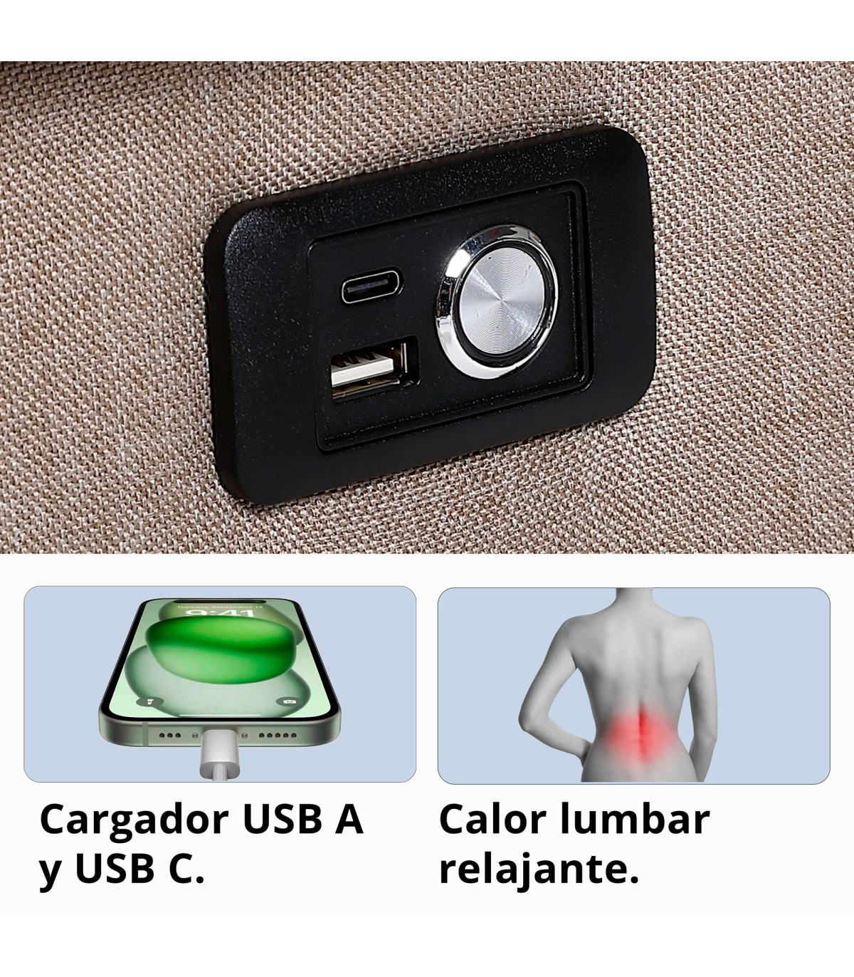 Primer plano de un panel de control negro con puertos USB y un botón. Debajo, carga de teléfono y persona con dolor de espalda.