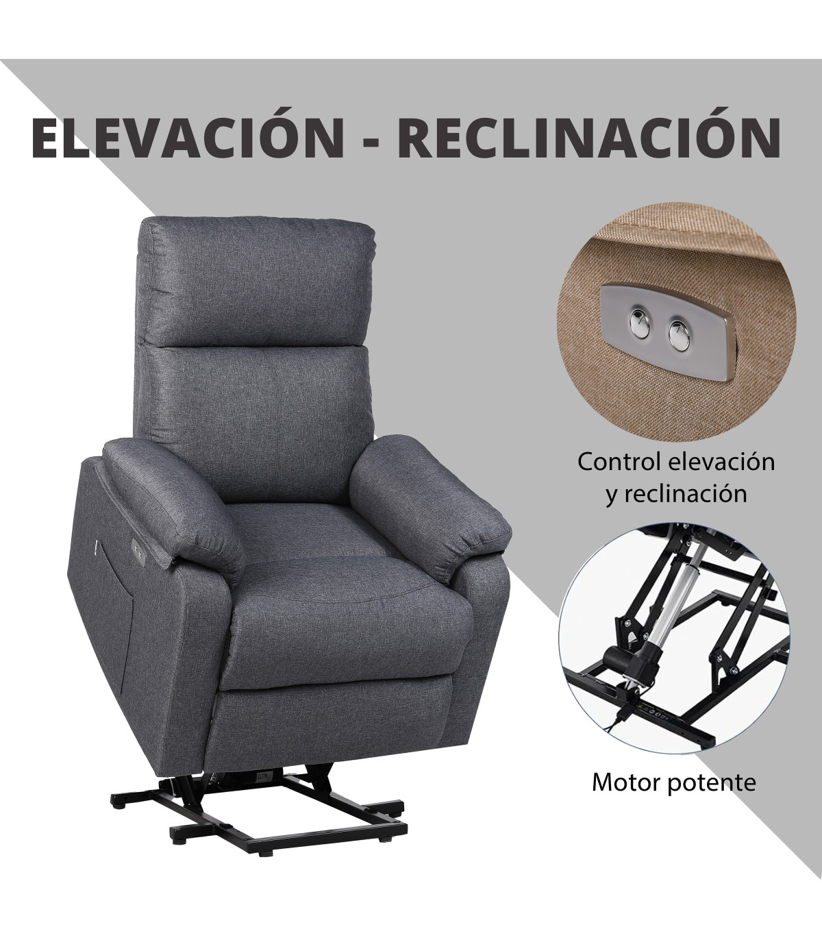 Un sillón reclinable gris con controles de elevación y reclinación. Incluye primeros planos de los controles y del motor.
