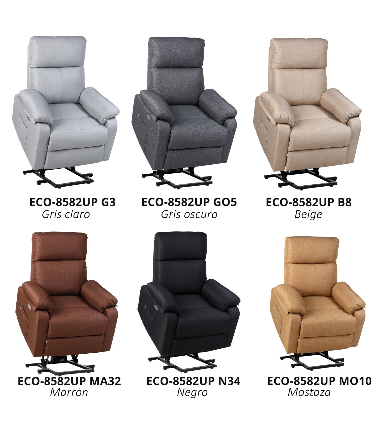 Seis sillones reclinables en diferentes colores (gris claro, gris oscuro, beige, marrón, negro, mostaza) se muestran sobre fondo blanco.