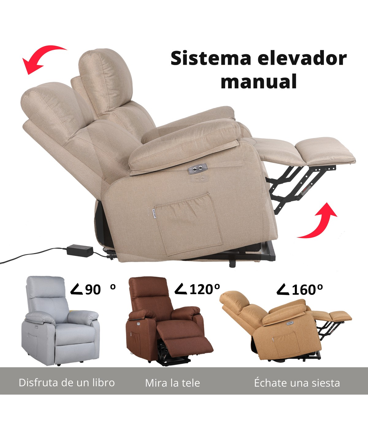 Sillón reclinable beige en varias posiciones, con texto que indica funciones. Tres sillas más pequeñas muestran diferentes ángulos. Fondo blanco.