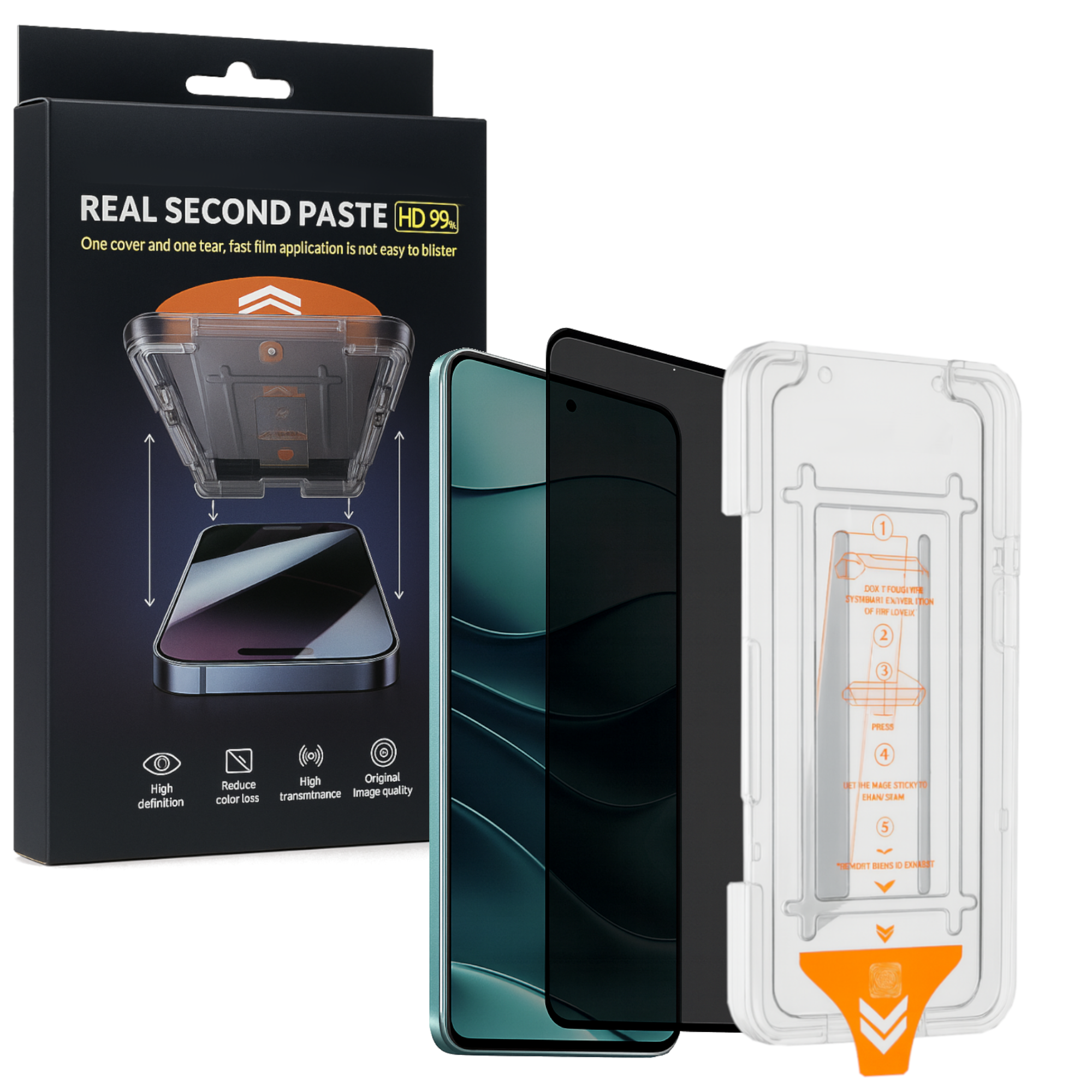 Ein Bildschirmschutz-Kit für Telefone. Es hat ein Telefon, einen Displayschutz und eine Anwendungsanleitung. Auf der Schachtel steht 'Real Second Paste'.