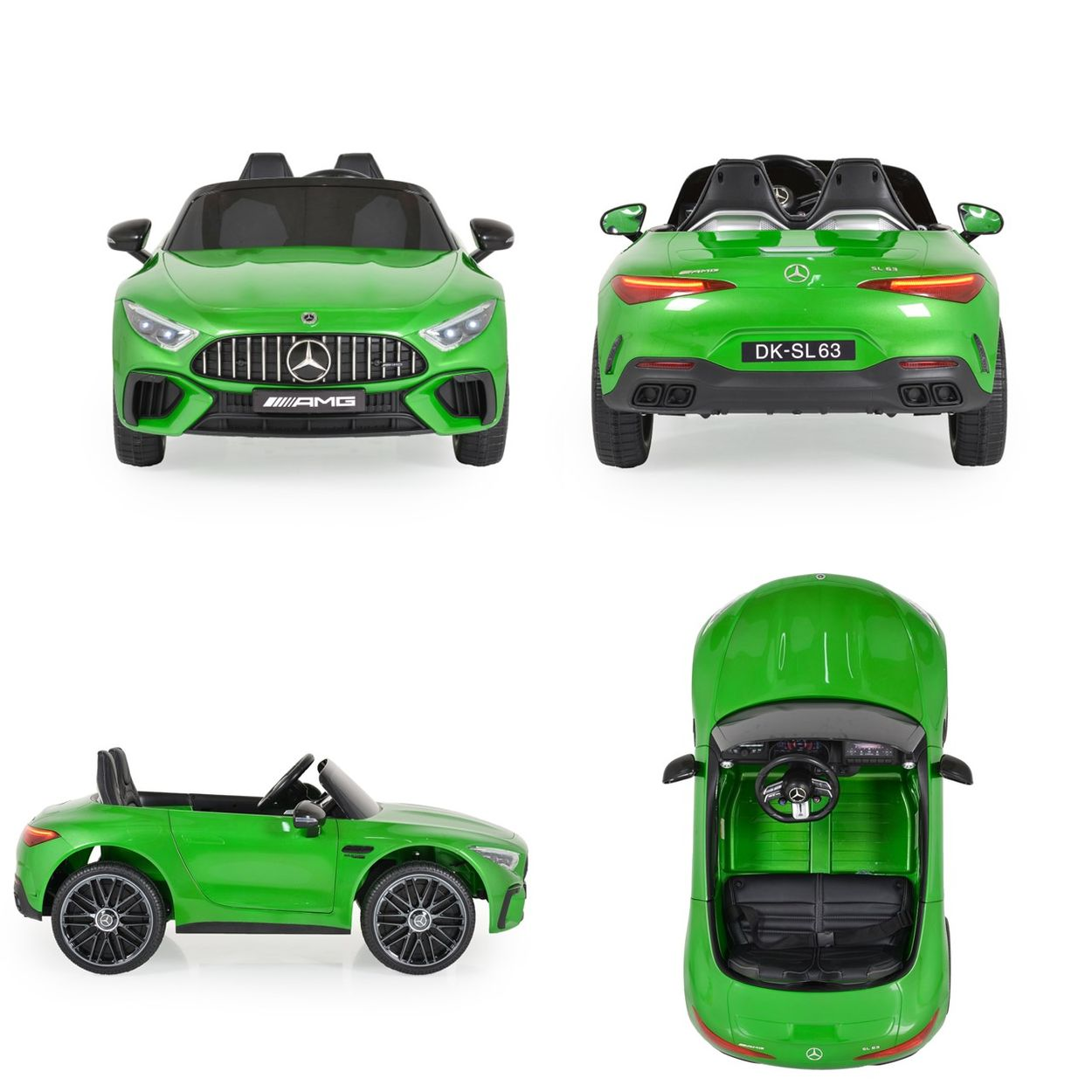 Vier Ansichten eines grünen Spielzeugautos. Vorder-, Rück-, Seiten- und Draufsicht. Merkmale sind AMG-Logo, schwarze Räder und DK-SL63 Kennzeichen.
