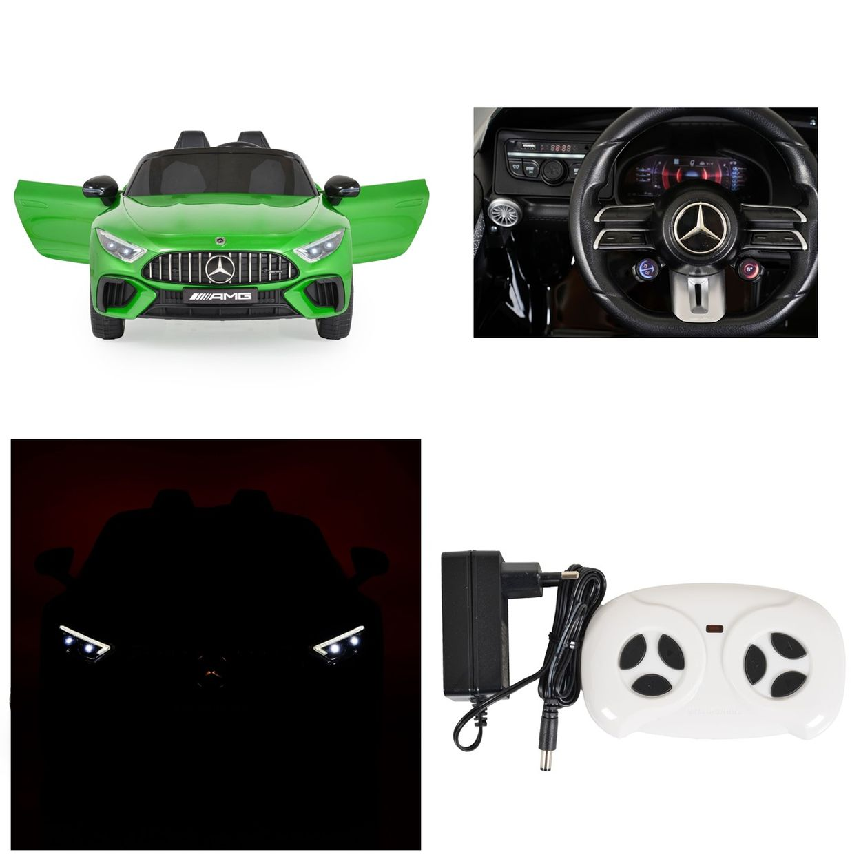 Ein grünes Spielzeugauto mit offenen Türen, einem Lenkrad und einer Fernbedienung.
