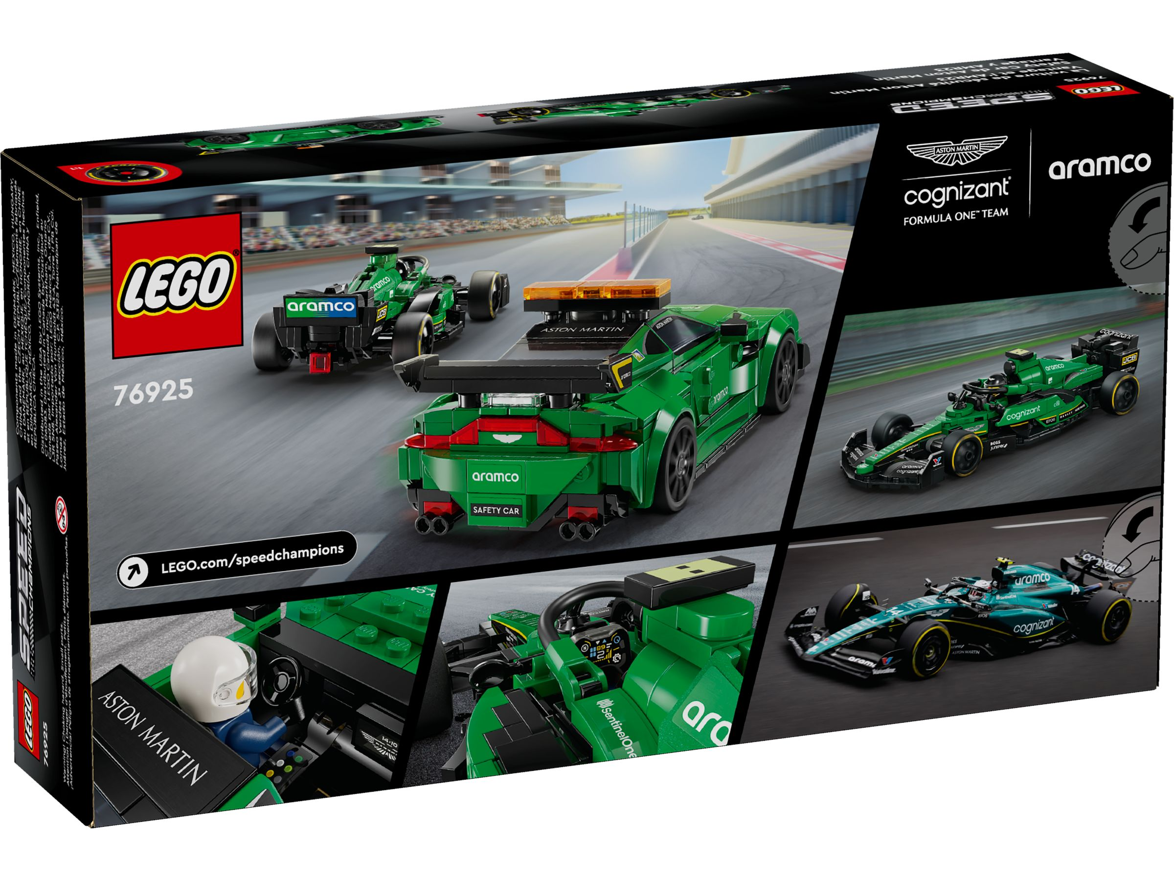 Confezione di un set Lego con auto da corsa Aston Martin verdi e una safety car su un circuito.
