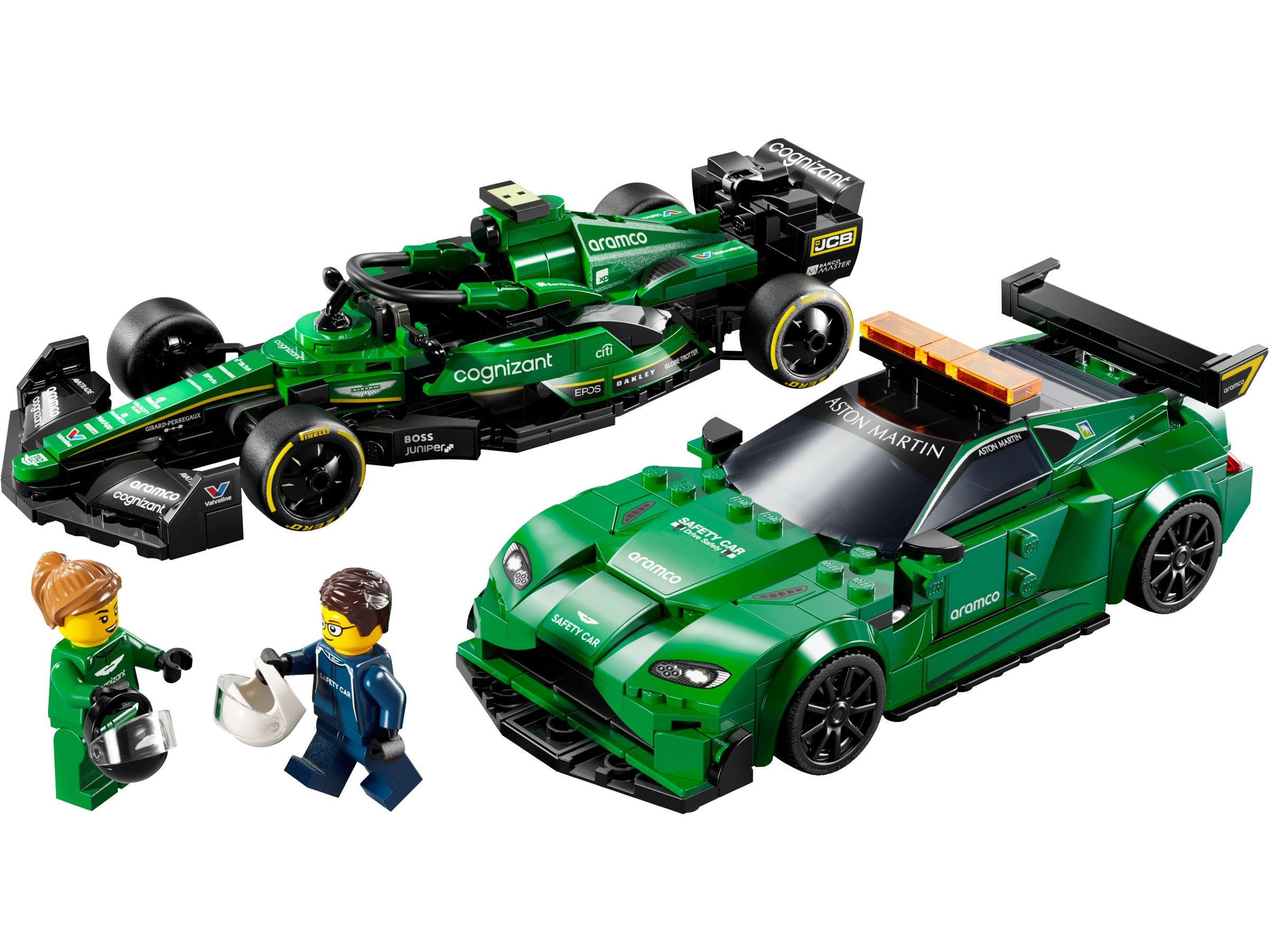 Modelli Lego verdi di auto da corsa e safety car, con due minifigure. I loghi includono Aramco, Cognizant e Aston Martin.