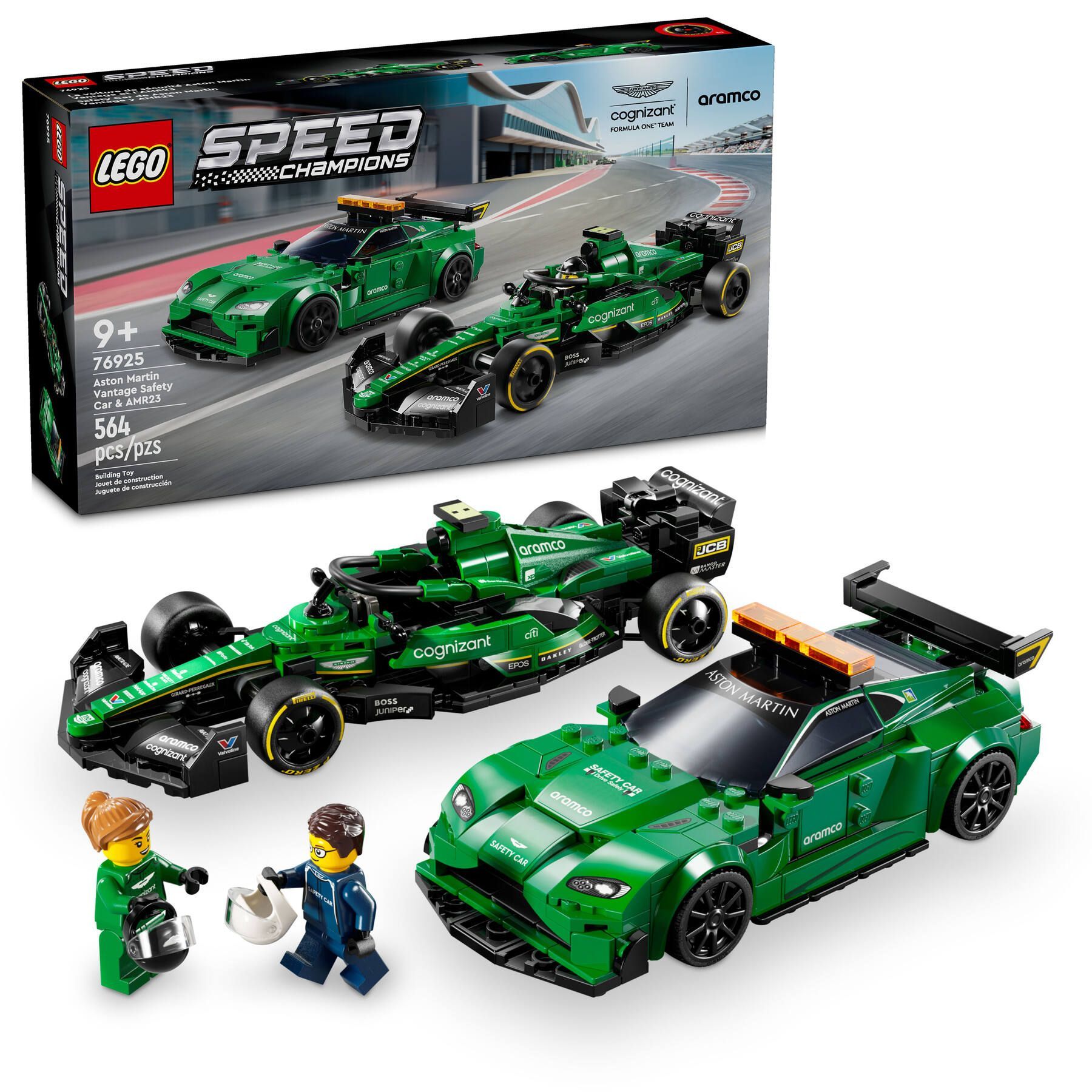Set Lego di auto da corsa Aston Martin verdi e safety car con due minifigure. Scatola sullo sfondo.