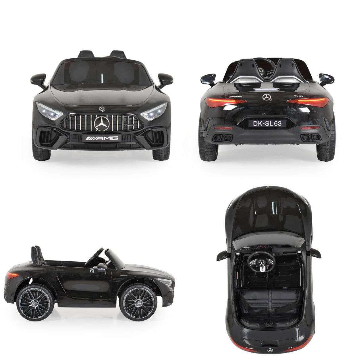 Vier Ansichten eines schwarzen Spielzeugautos: vorne, hinten, seitlich und von oben. Das Auto hat ein AMG-Logo und ein DK-SL63-Kennzeichen.