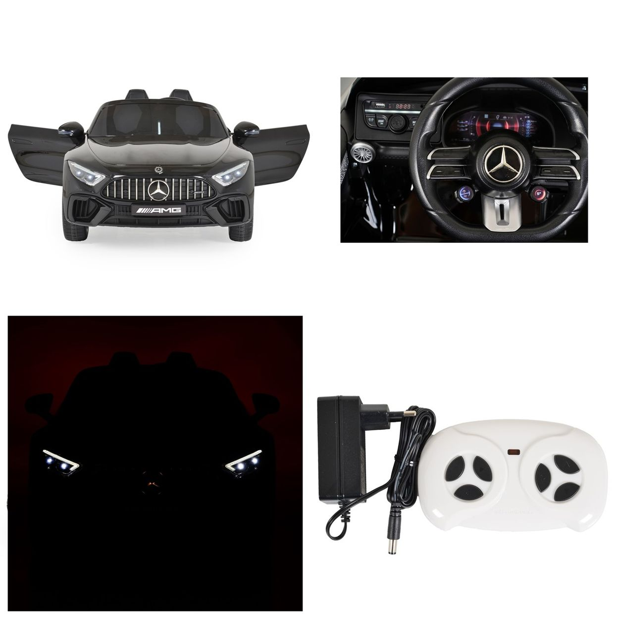 Ein schwarzes Spielzeugauto mit geöffneten Türen, einem Lenkrad und einer Fernbedienung. Das Auto hat ein AMG-Logo.