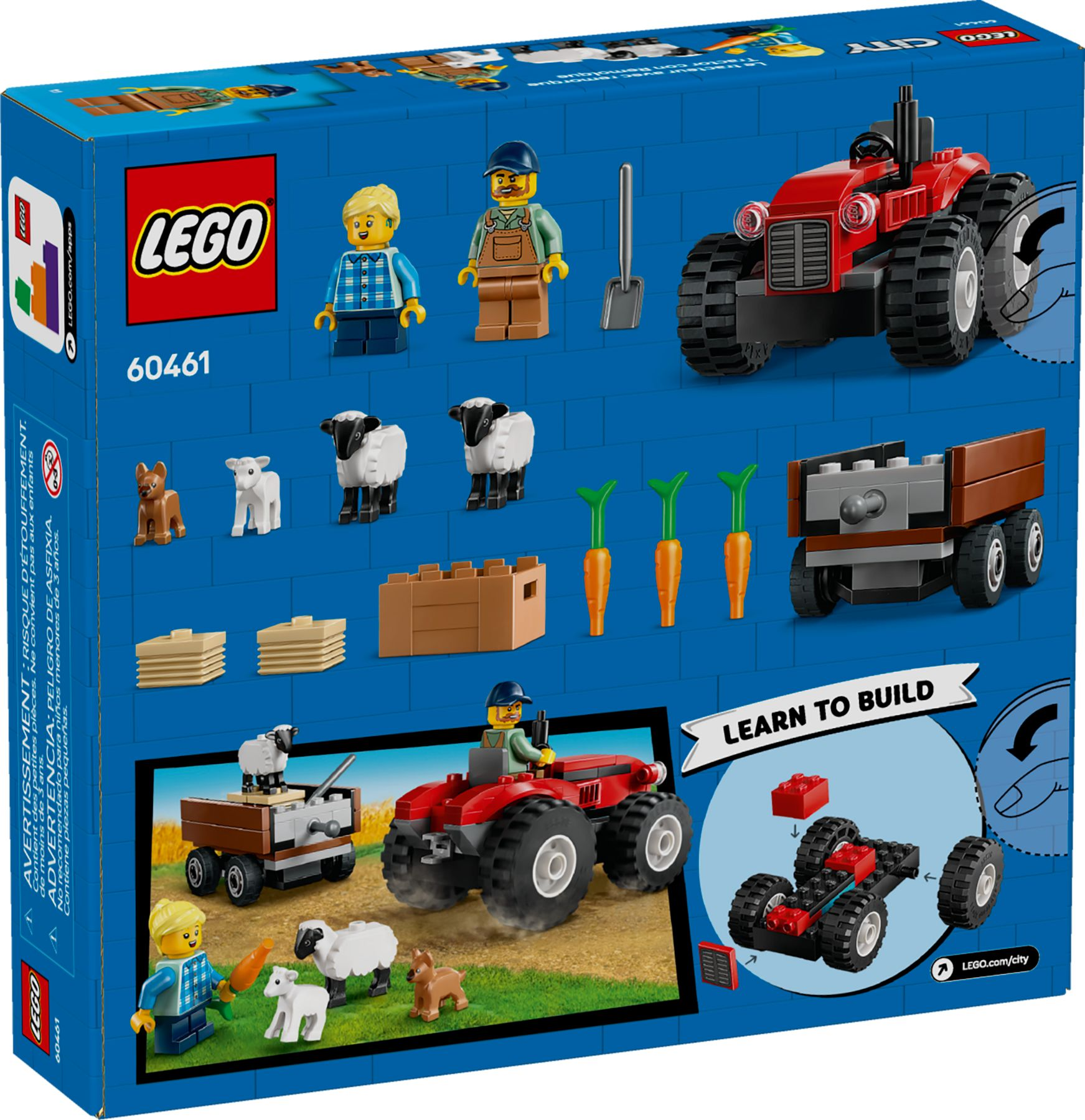 Lego-Box-Set mit rotem Traktor, Bauern-Minifiguren, Schafen und Karotten. Es steht 'Bauen lernen'.