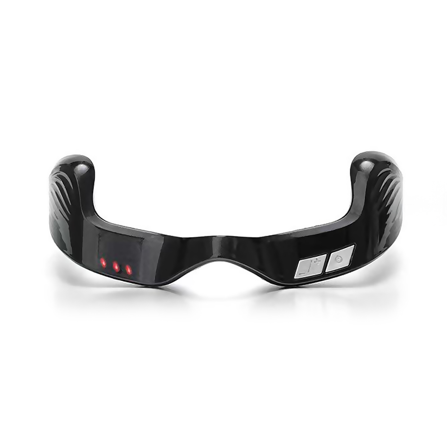 Un masajeador ocular negro con tres luces rojas y botones de control. Tiene un diseño curvo con dos extensiones laterales.