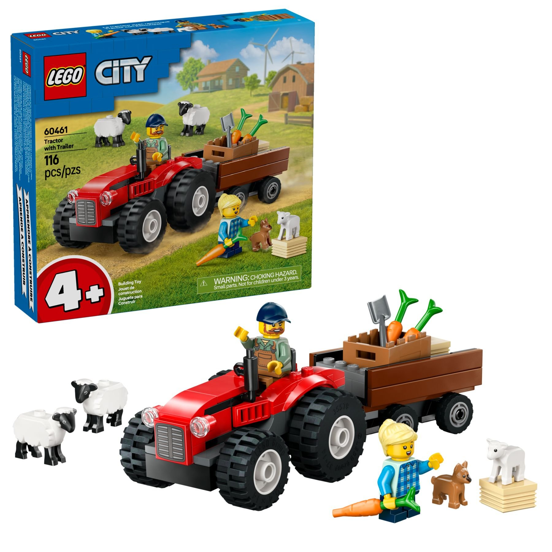 Lego City-Set mit rotem Traktor, Anhänger mit Karotten, Bauern-Minifiguren, Schafen und anderen Hoftieren.