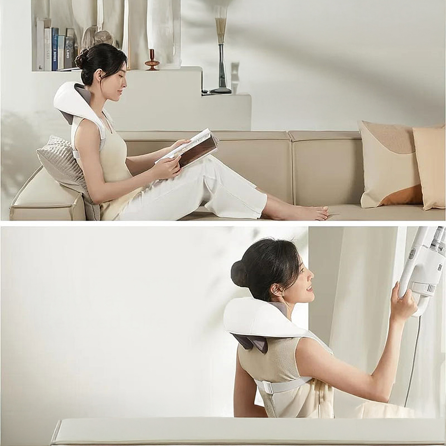 Mujer con masajeador de cuello, leyendo en un sofá. Segunda imagen la muestra con dispositivo, mirando hacia arriba, junto a una ventana.