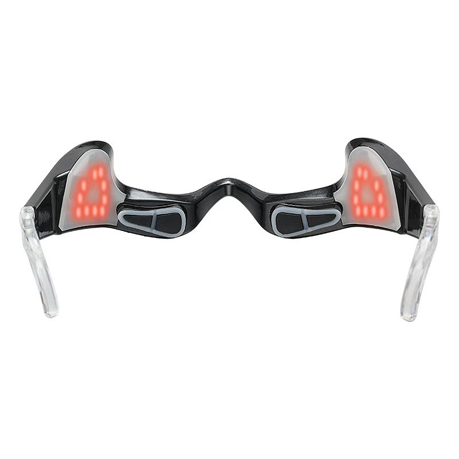 Dispositivo nero per la terapia oculare con luci rosse. Ha bracci trasparenti e un design curvo. Le luci sono disposte su entrambi i lati.