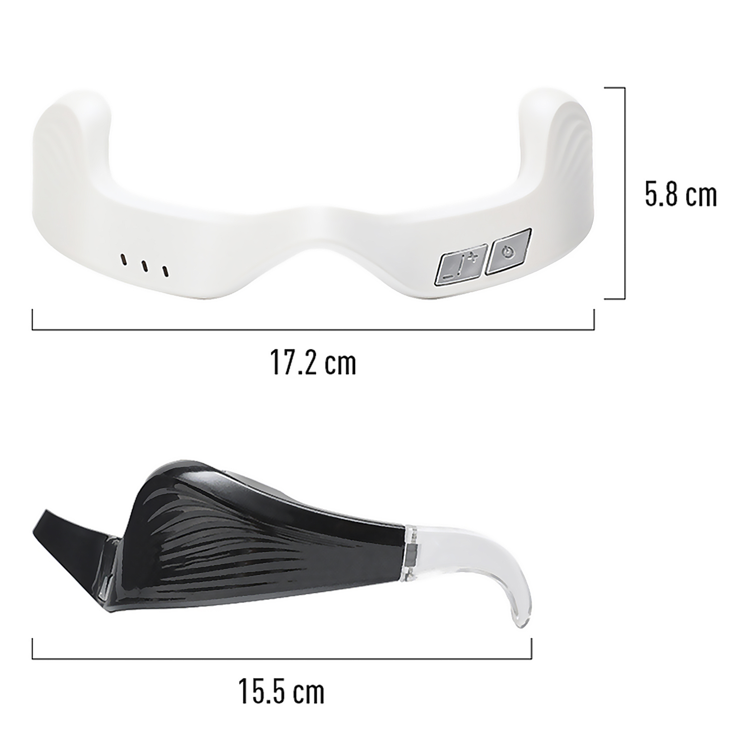 L'immagine mostra un dispositivo curvo bianco e nero. Vengono fornite le dimensioni: 17,2 cm, 5,8 cm e 15,5 cm. I pulsanti sono visibili sul dispositivo bianco.
