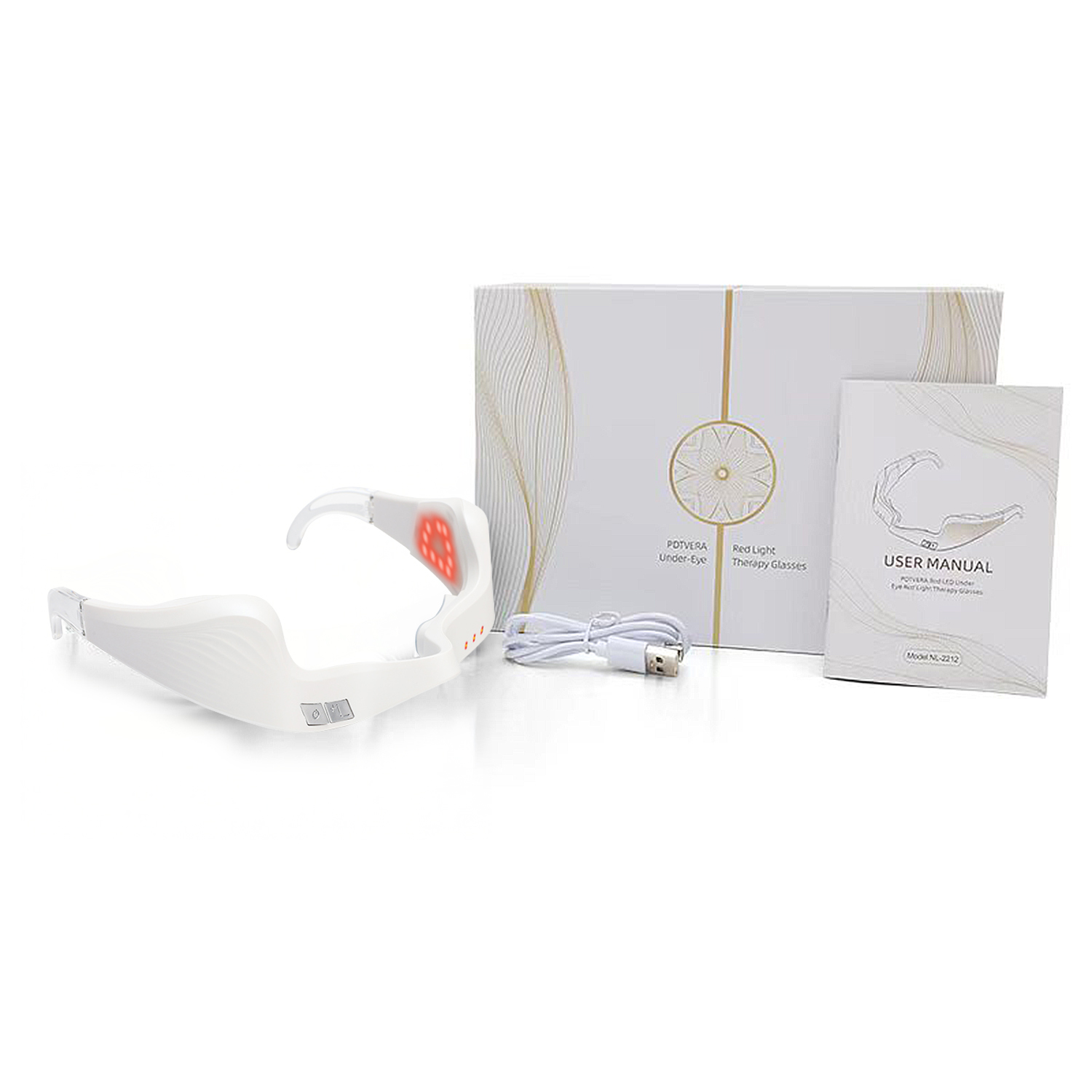 Occhiali da terapia bianchi con luci rosse, una scatola, un manuale utente e un cavo USB su una superficie bianca.