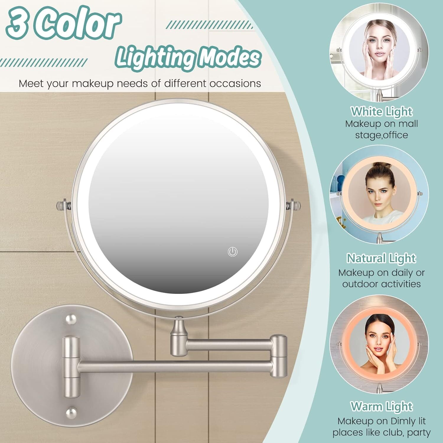 Ein runder beleuchteter Schminkspiegel mit drei Lichtmodi. Weiße, natürliche und warme Lichtoptionen für verschiedene Make-up-Bedürfnisse.