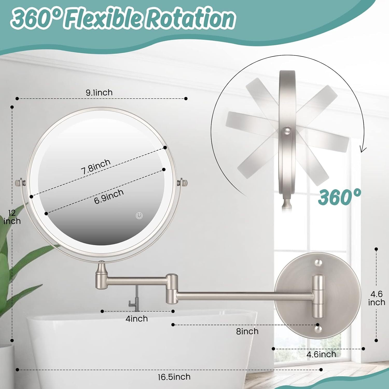 Ein um 360° drehbarer Spiegel mit beschrifteten Abmessungen. Nahaufnahme zeigt Arm und Hintergrund einer weißen Badewanne.