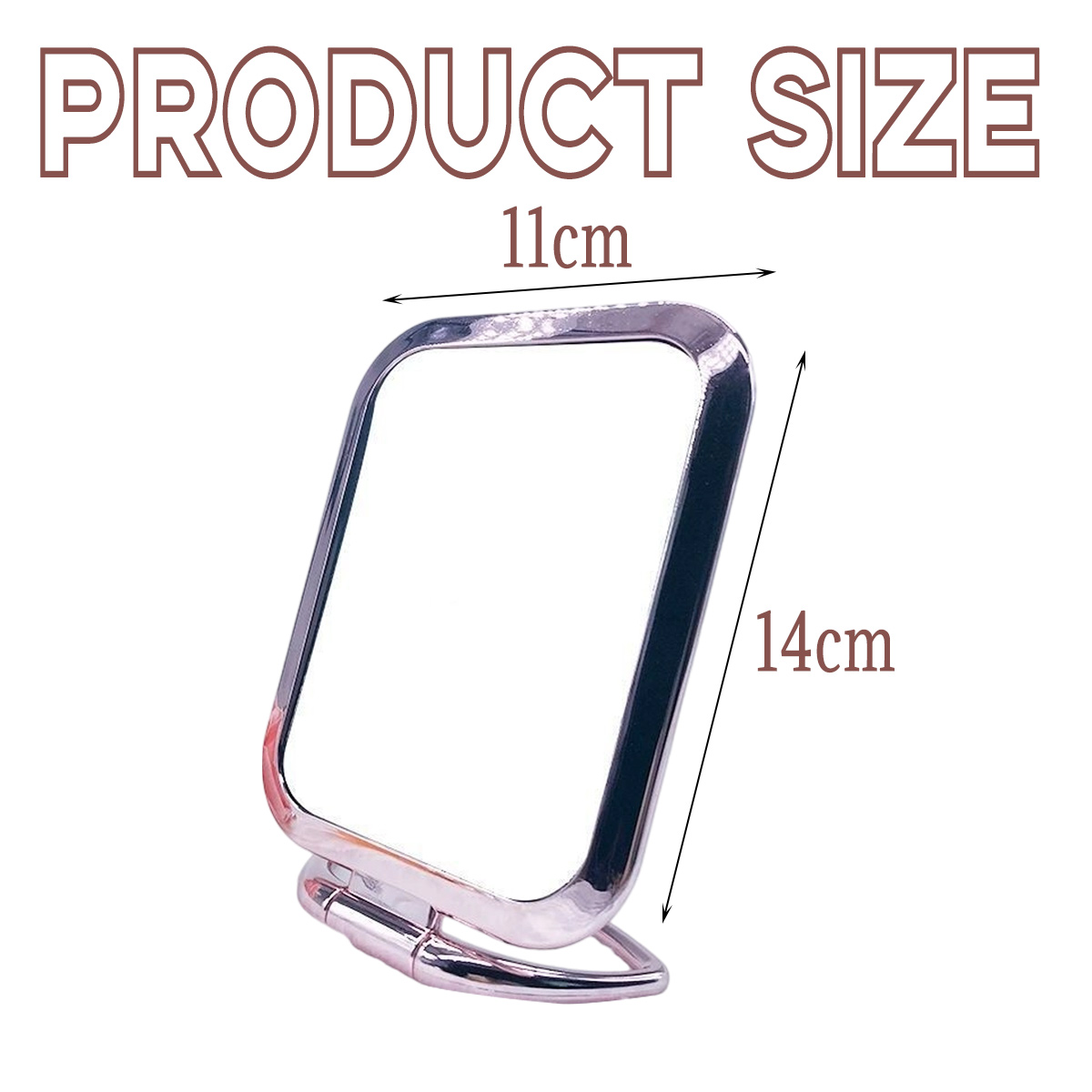 Ein quadratischer Silberner Spiegel mit Größenangaben von 11 cm und 14 cm. Der Text „Produktgröße“ steht oben.