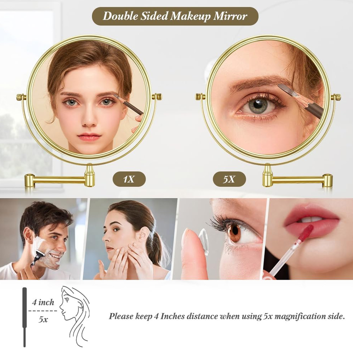 Doppelseitiger Schminkspiegel mit zwei runden Spiegeln, die Gesichter zeigen. Darunter Rasieren, Hautpflege, Kontaktlinsen und Lippenstift.