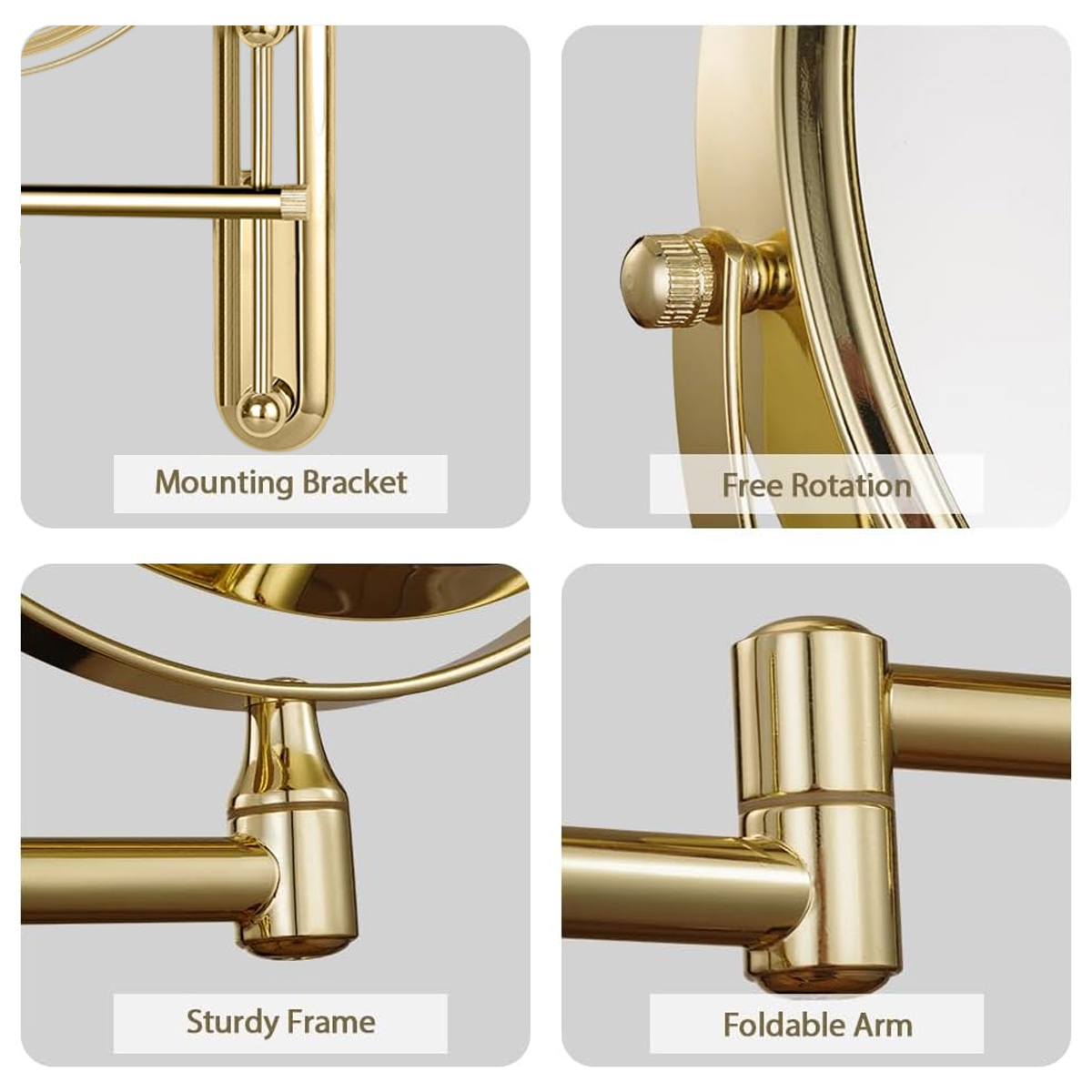 Nahaufnahme eines goldenen Badezimmerspiegels. Zu den Merkmalen gehören eine Halterung, freie Drehung, stabiler Rahmen und klappbarer Arm.