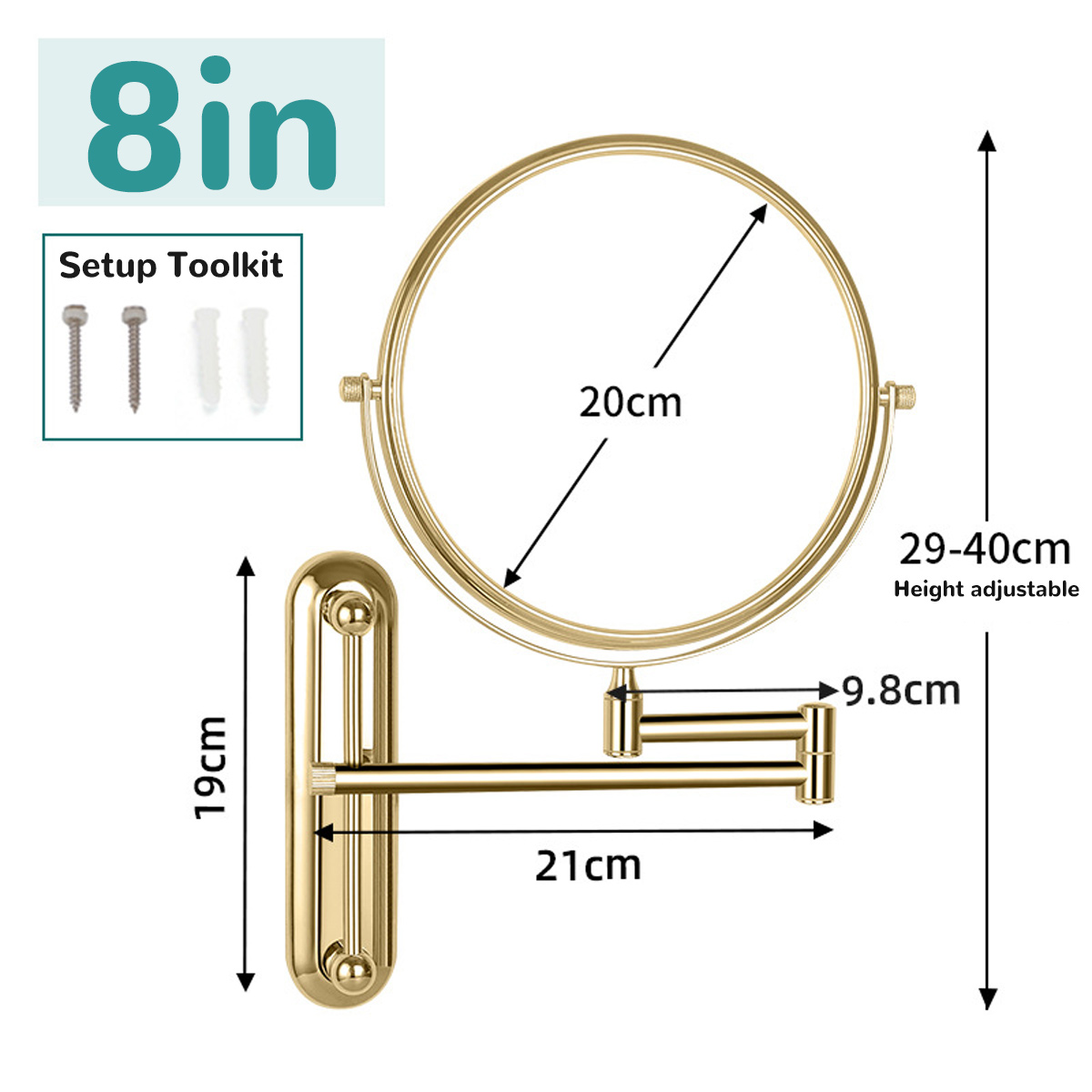 Ein goldener, an der Wand befestigter Vergrößerungsspiegel mit Maßangaben. Enthält 8 Zoll, 20 cm, 19 cm, 21 cm und höhenverstellbar.