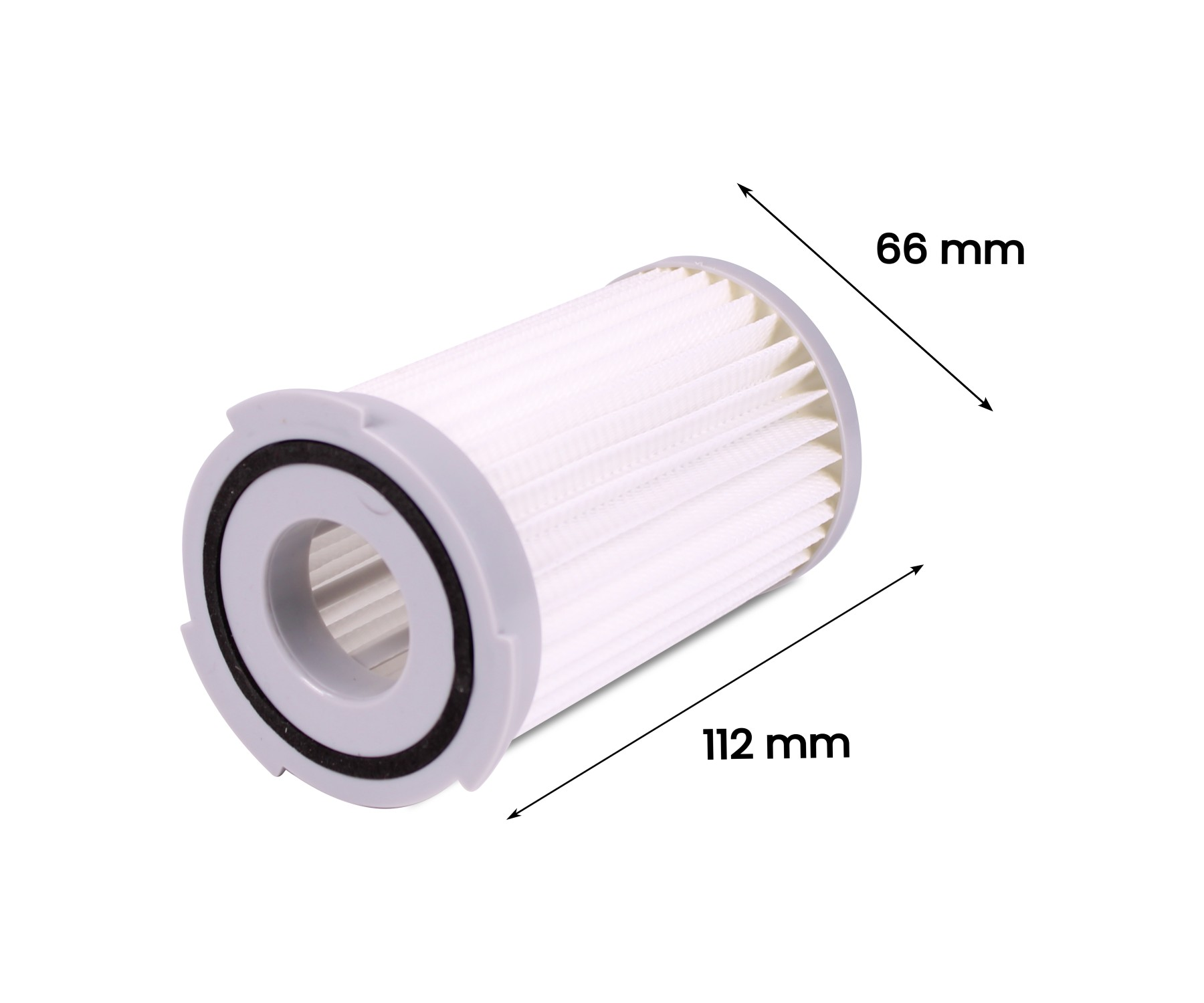 Ein weißer zylindrischer Filter mit grauen Enden. Abmessungen: 112 mm lang, 6 mm Durchmesser. Schwarzer Ring an einem Ende.