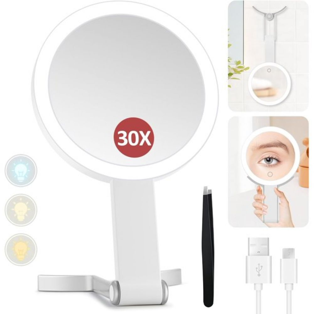 Ein weißer LED-Schminkspiegel mit 30-facher Vergrößerung. Enthält eine Pinzette, ein USB-Kabel und einen kleineren Spiegel.