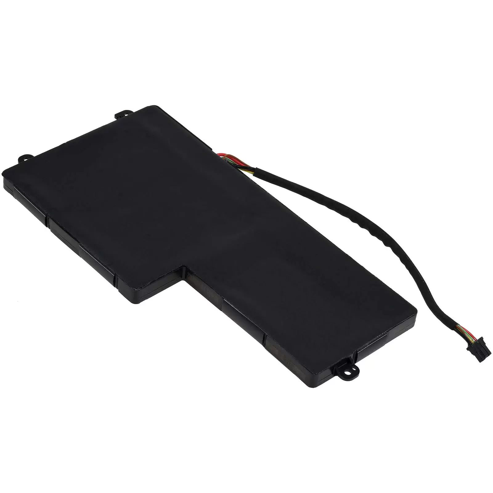 Ein schwarzer Laptop-Akku mit angeschlossenem Kabel und Stecker.