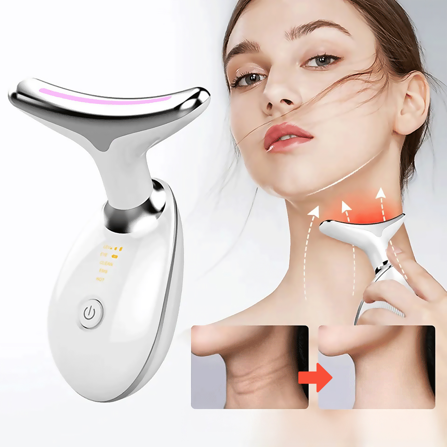 Una mujer usando un masajeador de cuello. El dispositivo es blanco y plateado. Las imágenes del antes y el después muestran menos arrugas.