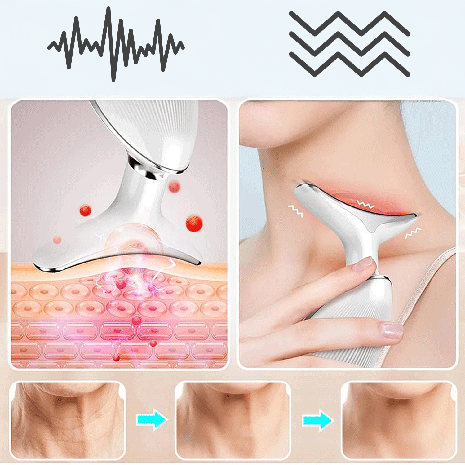 La imagen muestra un masajeador de cuello. Tiene un efecto de antes y después. La piel del cuello se ve más joven y suave después de usar el masajeador.