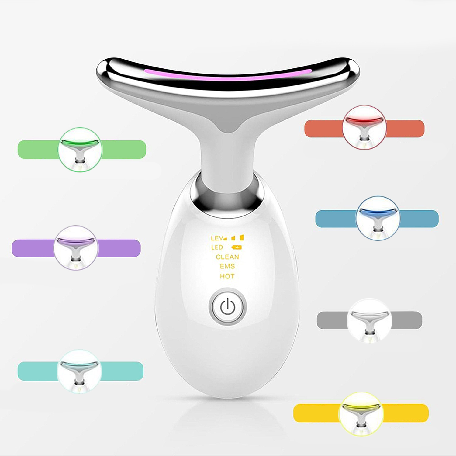 Un masajeador de cuello blanco y plateado con cabezal curvo, botón de encendido y luces indicadoras. Varias líneas y círculos de colores lo rodean.