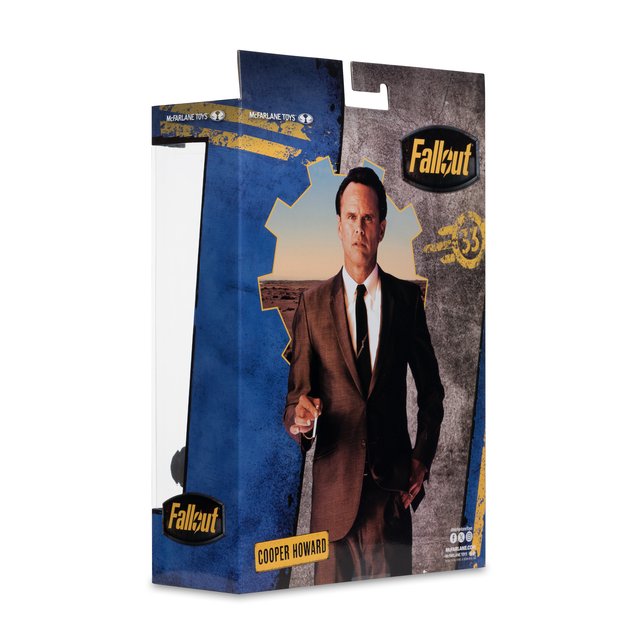 Una scatola di giocattoli di Fallout con una figura di Cooper Howard. La scatola è blu e grigia, con il logo Fallout e McFarlane Toys.