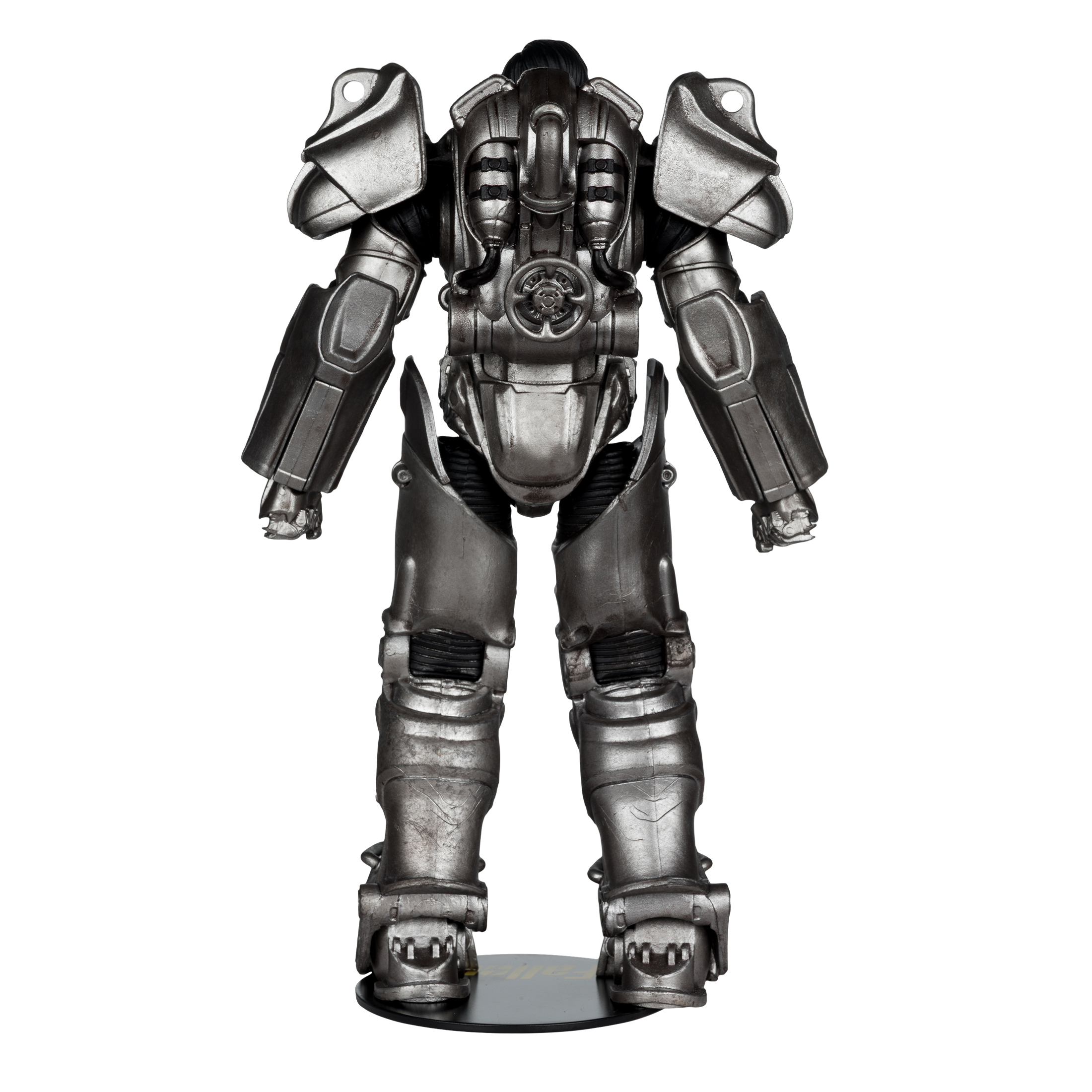 Una figura di Power Armor grigia metallizzata è in piedi su una base nera. La figura è vista da dietro e ha un design dettagliato.