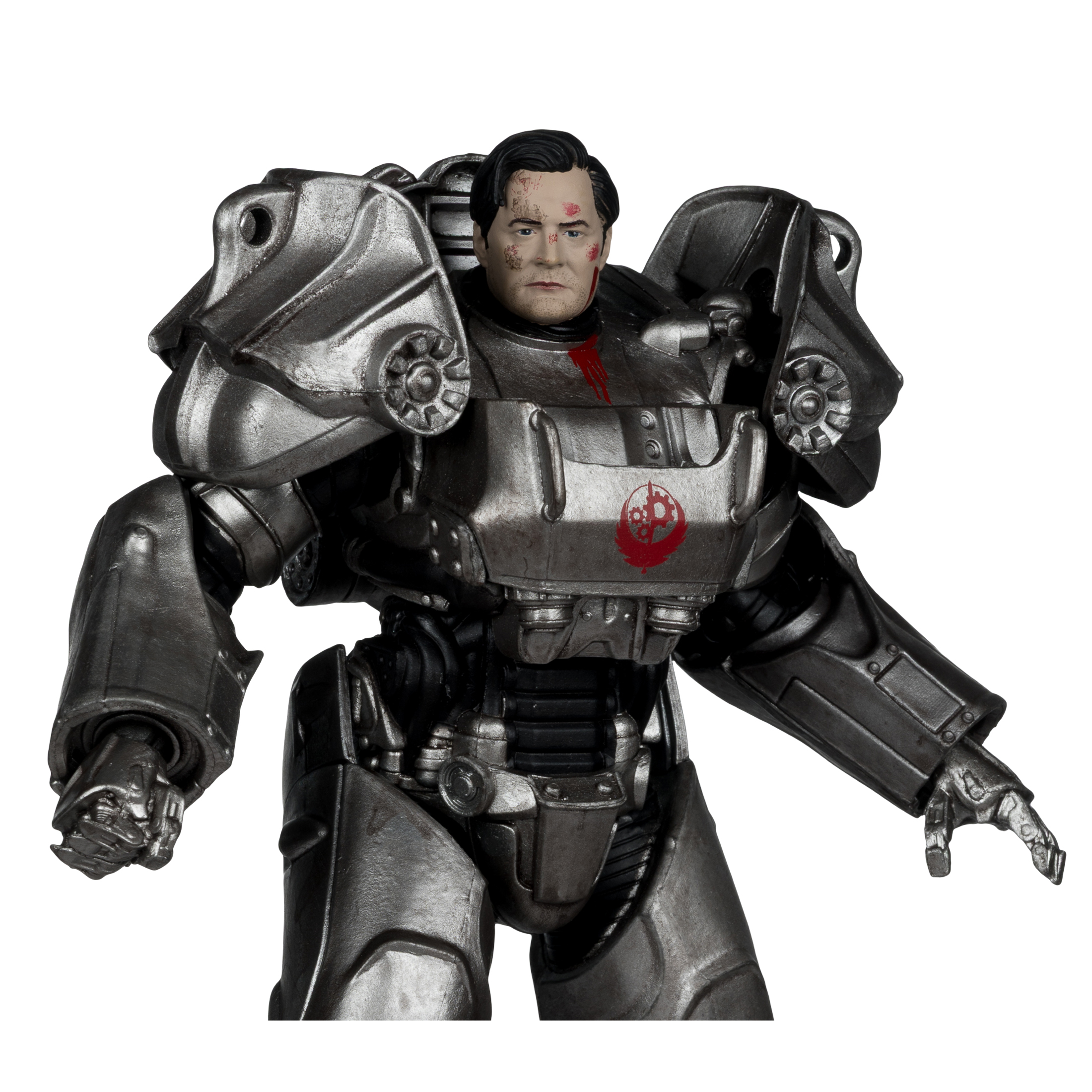 Figura in armatura potenziata argentata con volto maschile, macchie di sangue e logo Fallout. Sfondo bianco.