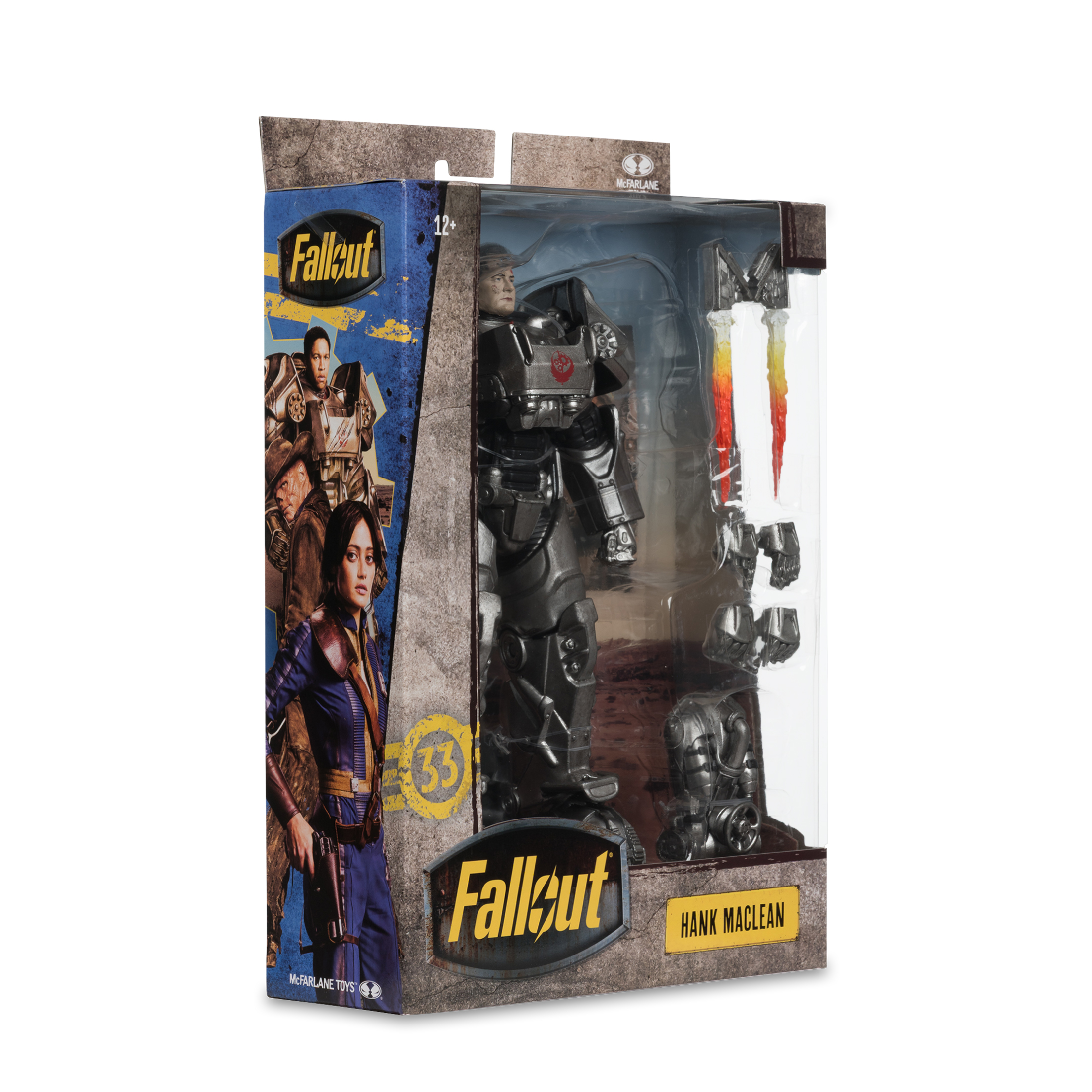 Una action figure di Fallout in una scatola. Presenta una figura di armatura potenziata e un logo Fallout. La scatola è su una superficie bianca.
