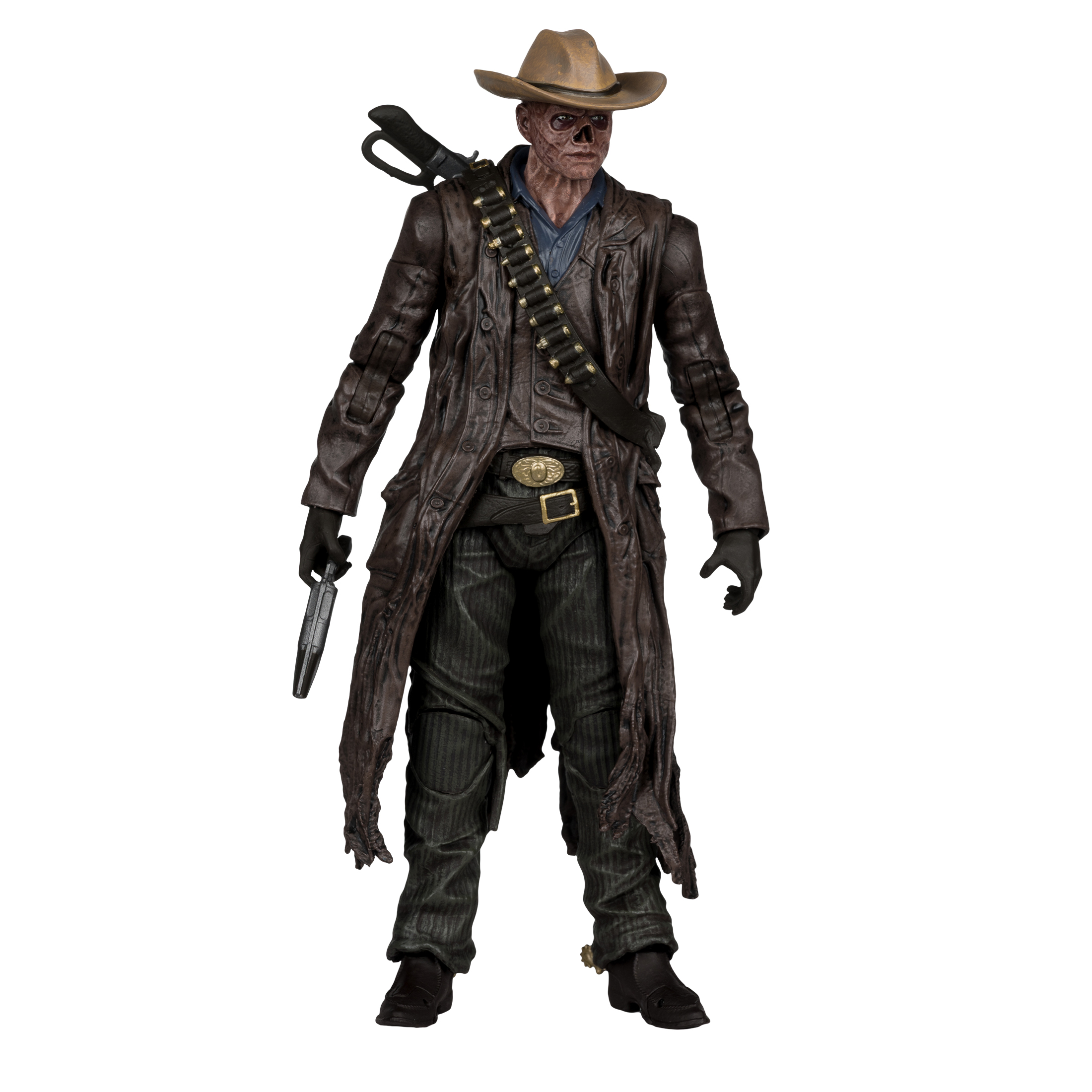 Una figura di cowboy in piedi, con cappello, cappotto, pistola e bandoliera. Il suo volto è decomposto. Lo sfondo è bianco.
