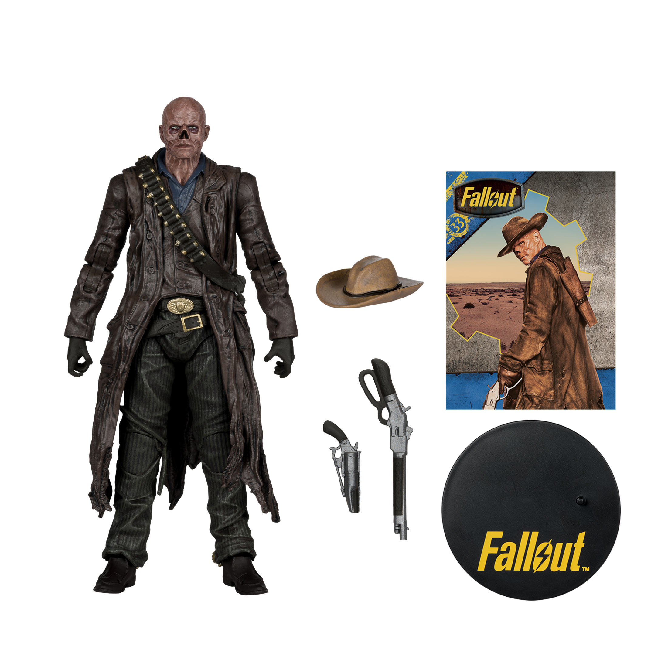 Una figura di Fallout con cappello, pistola e supporto. È un uomo con un lungo cappotto, con una carta e il logo di Fallout.