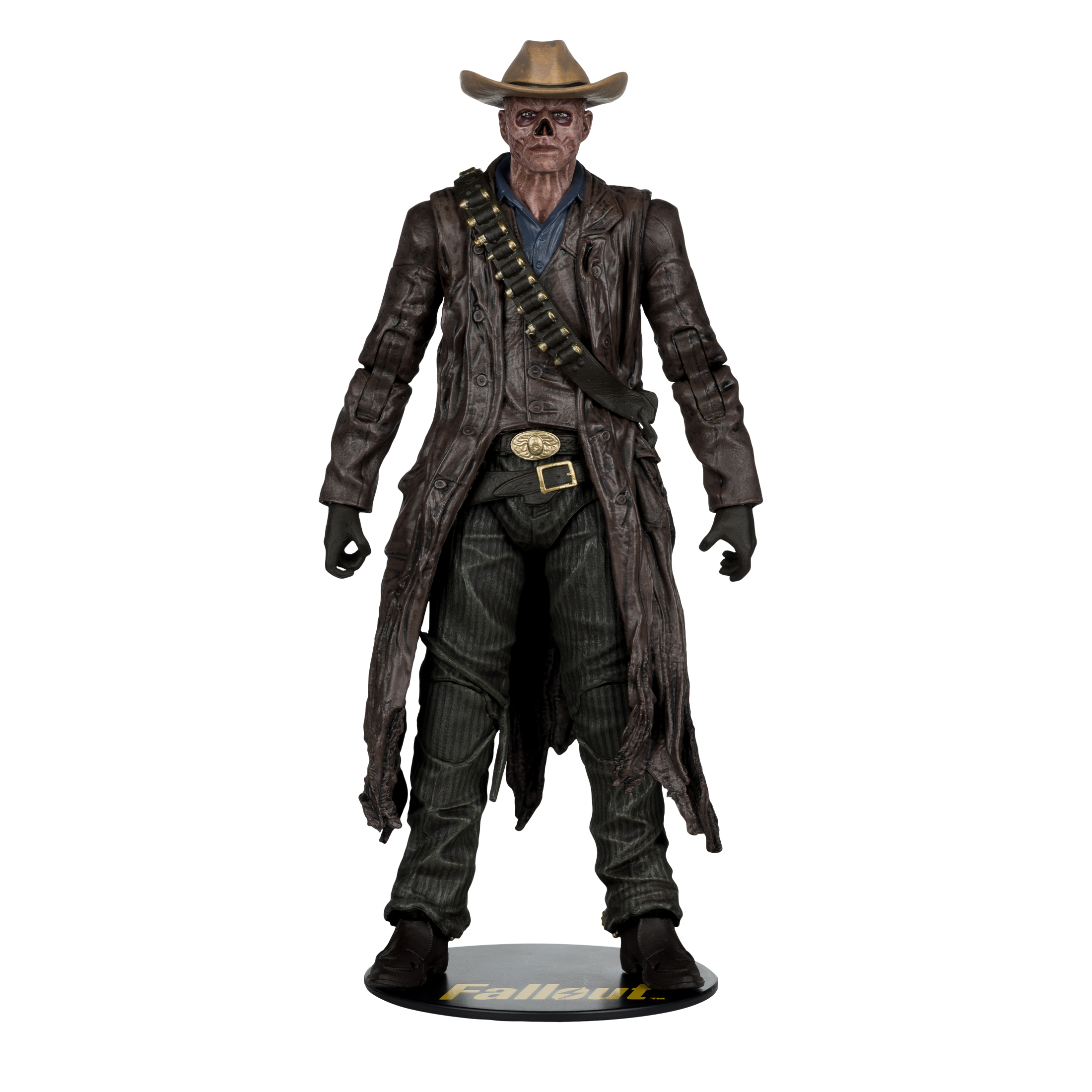 Figura di un cowboy con cappello, cappotto lungo e cintura di proiettili. È in piedi su un supporto con la scritta Fallout.