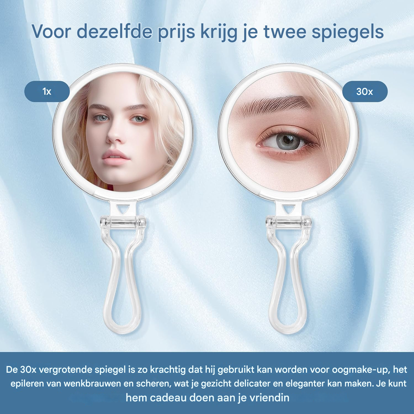 Zwei Handspiegel, einer mit 1x und einer mit 30x Vergrößerung, zeigen das Gesicht und das Auge einer Frau. Der Hintergrund ist blauer Stoff.