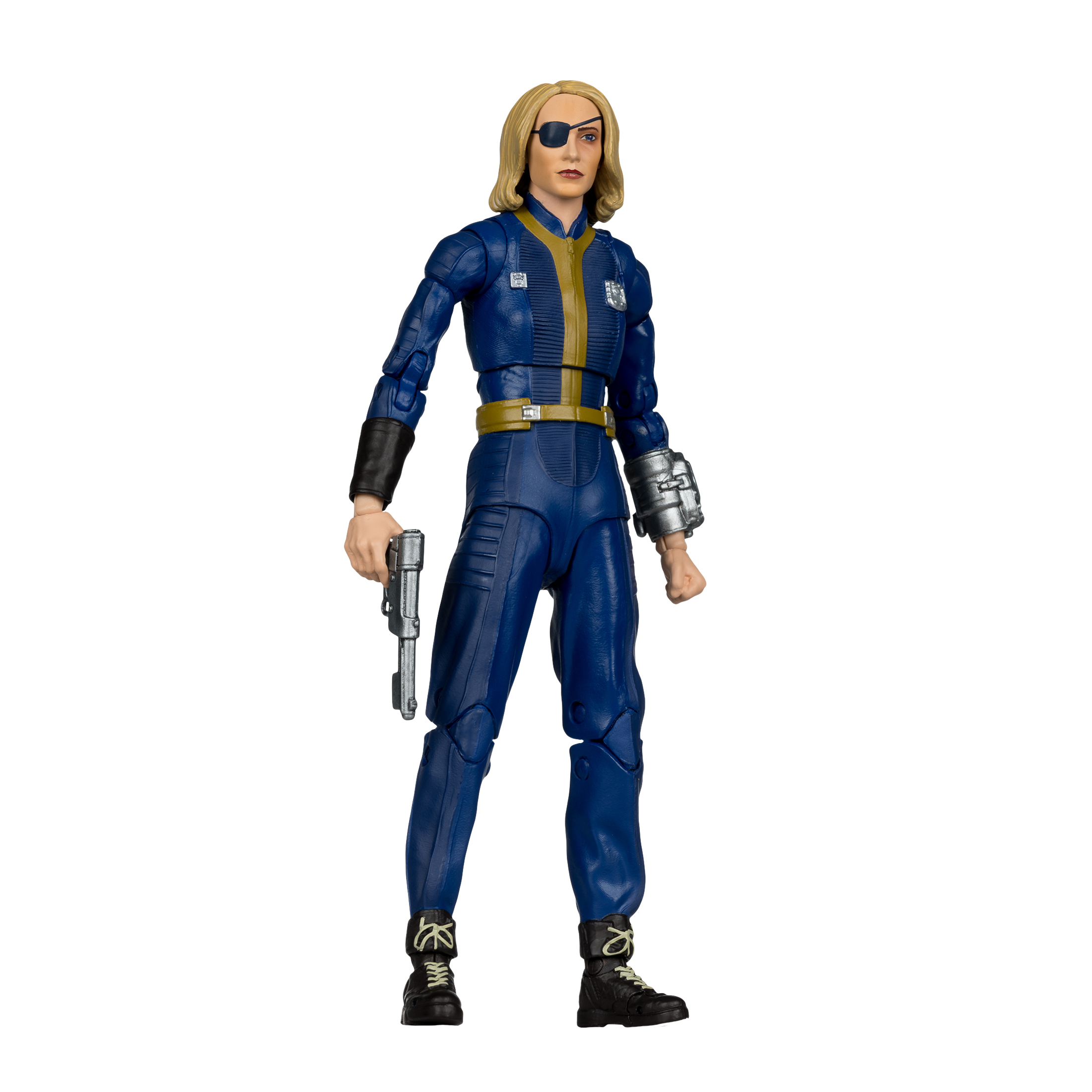 Una action figure femminile in tuta blu con una benda sull'occhio, che tiene una pistola. Lo sfondo è bianco.