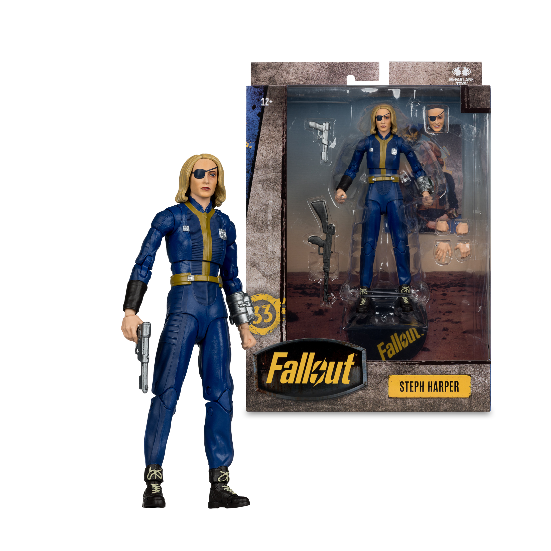 Una action figure di Fallout di Steph Harper in tuta blu, con una pistola. La figura è accanto alla sua scatola.