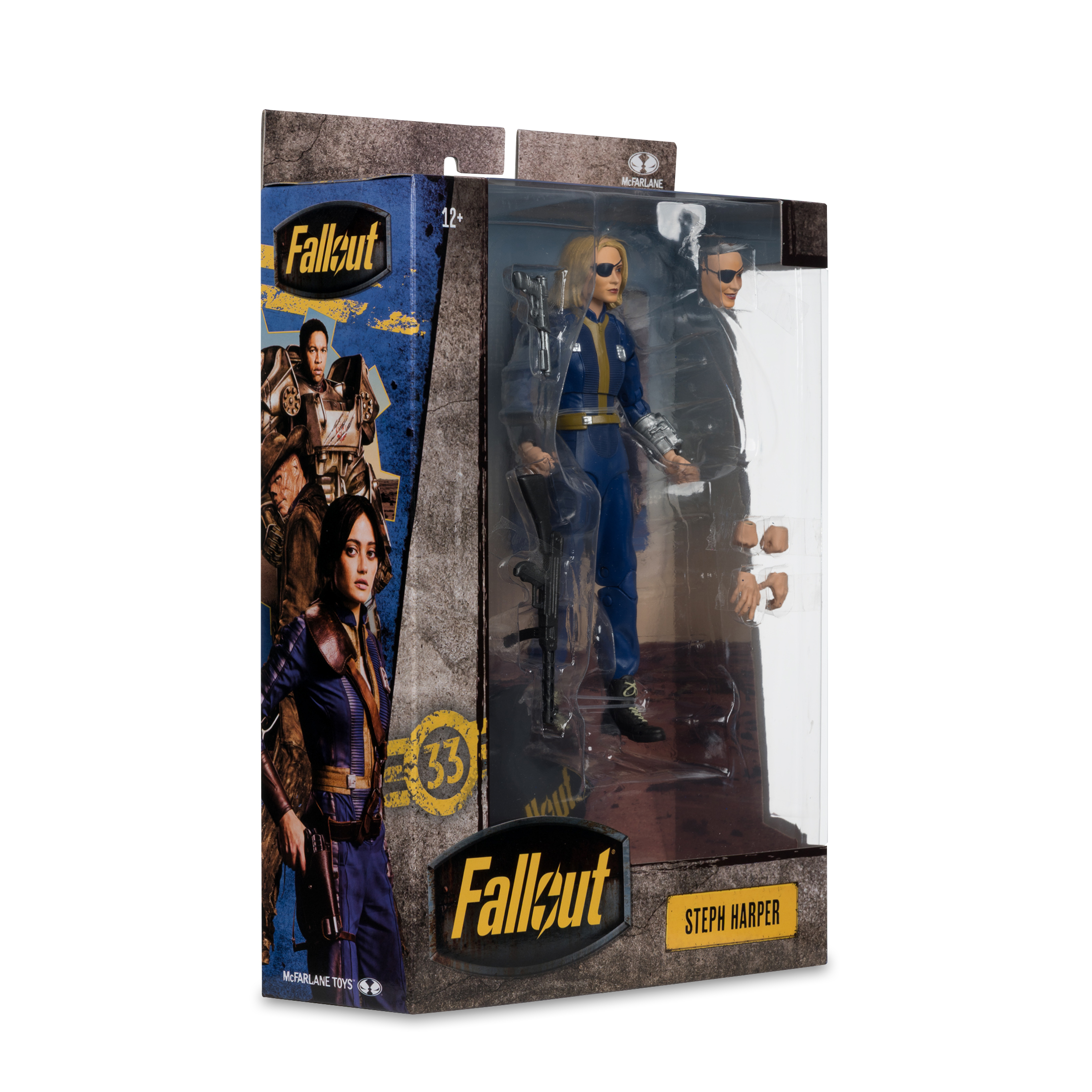 Una action figure di Fallout Steph Harper in una scatola. Include una figura, un fucile e altri accessori. La scatola ha grafica di gioco.