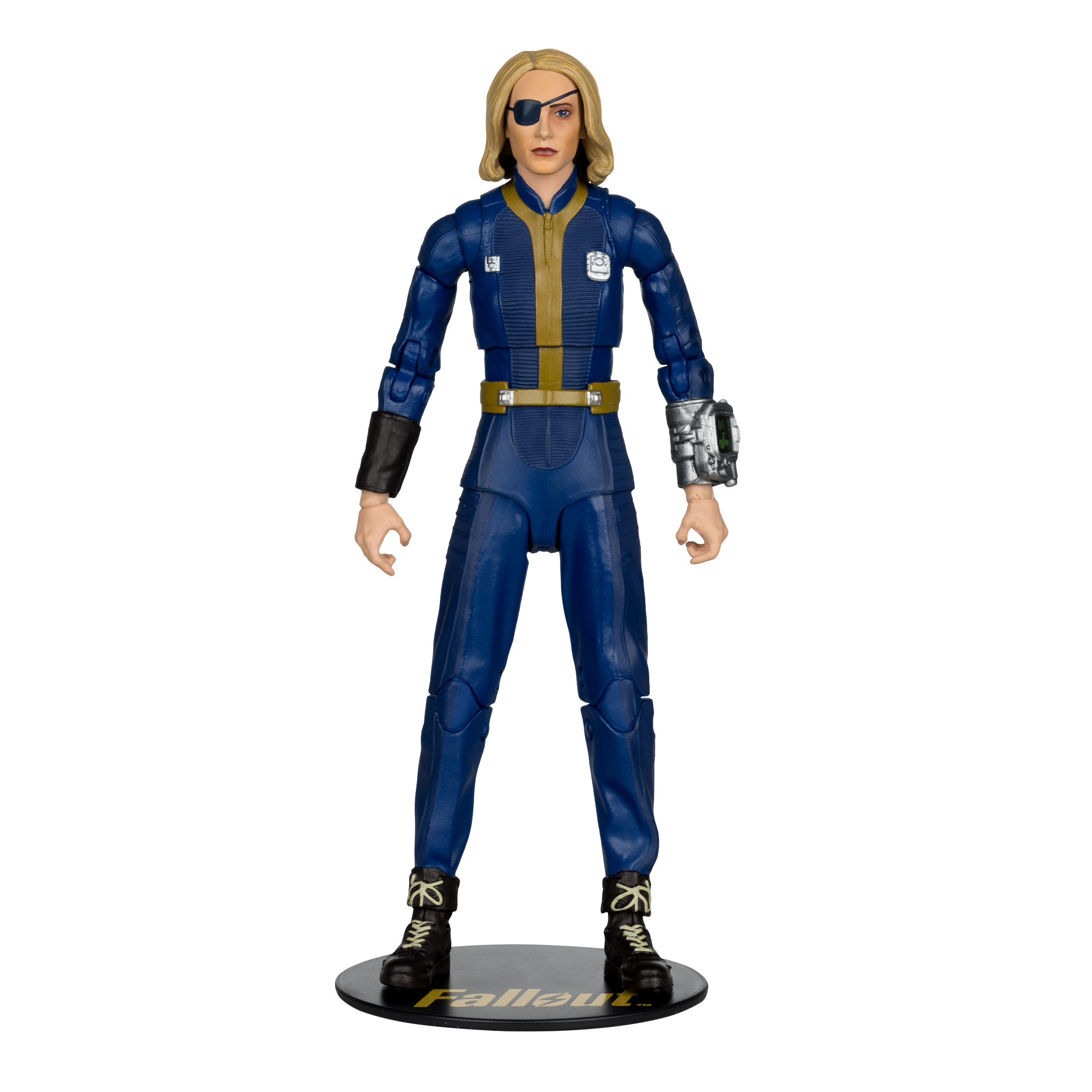 Statuetta di una donna in tuta blu con una benda sull'occhio, in piedi su una base con la scritta Fallout.