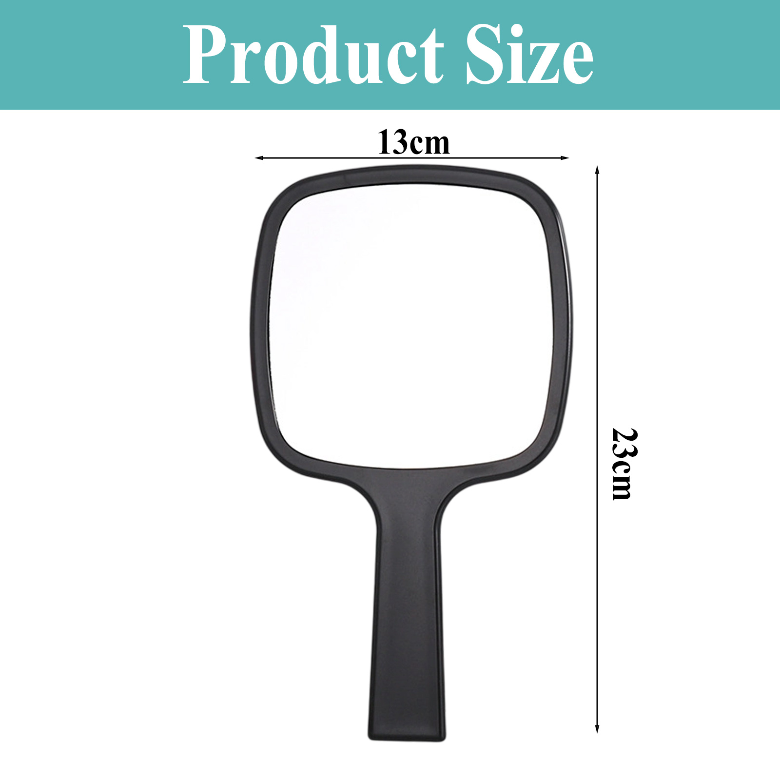 Ein schwarzer Handspiegel mit Größenangaben. Der Spiegel ist 13 cm breit und 23 cm lang.