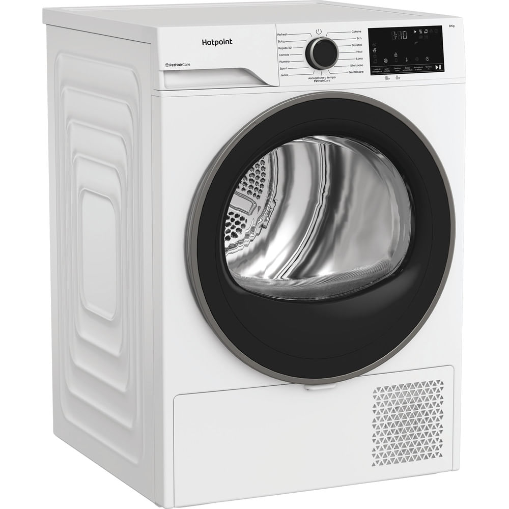 Un'asciugatrice Hotpoint bianca con porta nera. Ha un pannello di controllo, un display digitale e una ventilazione.