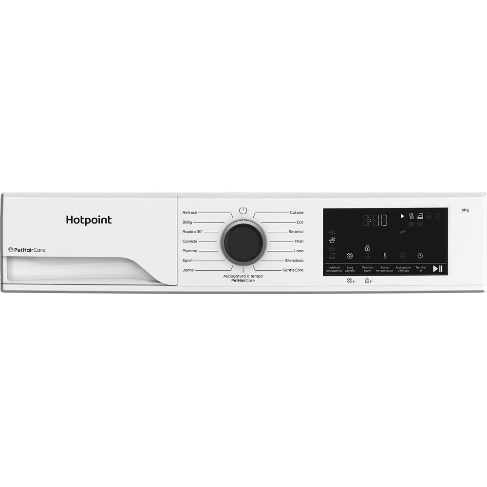 Asciugatrice Hotpoint bianca con quadrante centrale e display digitale. Il quadrante ha impostazioni per diversi tessuti.