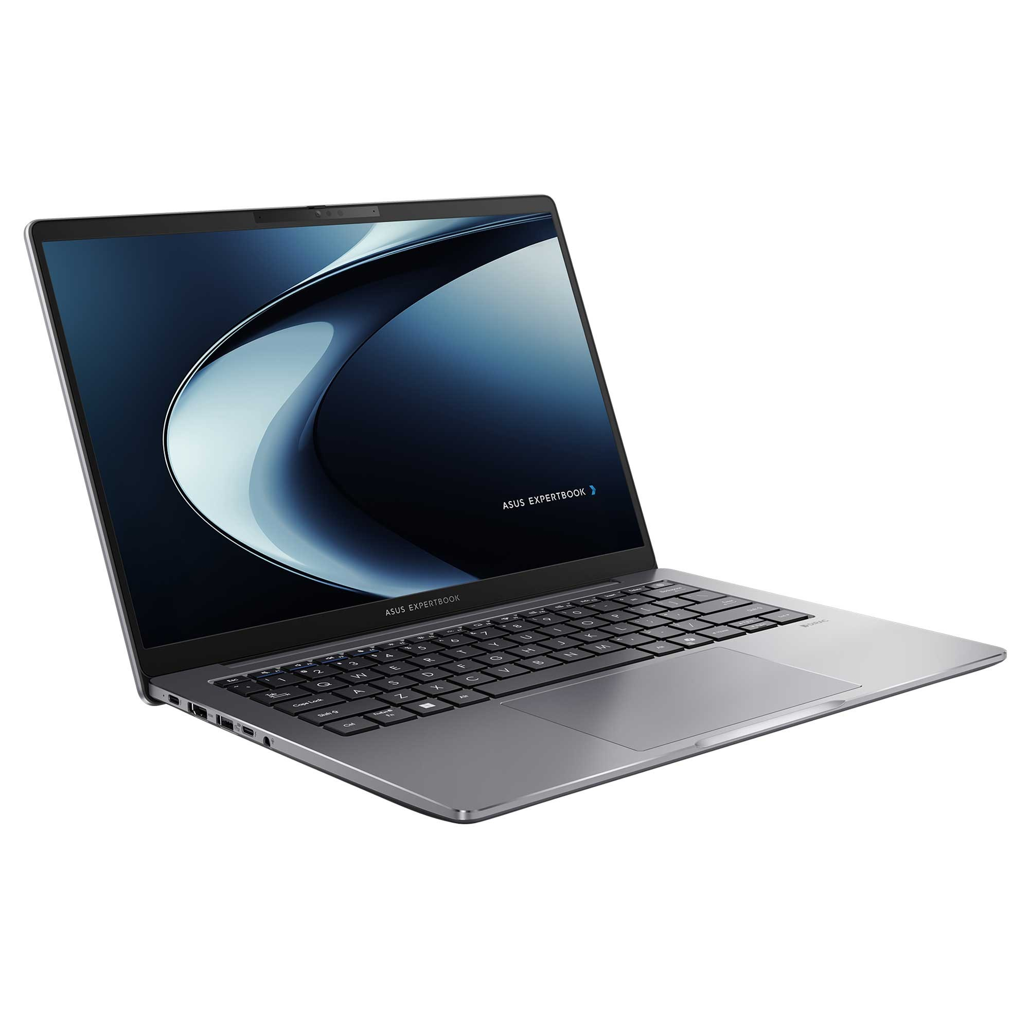 Gümüş renkli bir Asus Expertbook dizüstü bilgisayar açık. Ekran mavi soyut bir tasarım gösteriyor, bir klavye görünüyor.