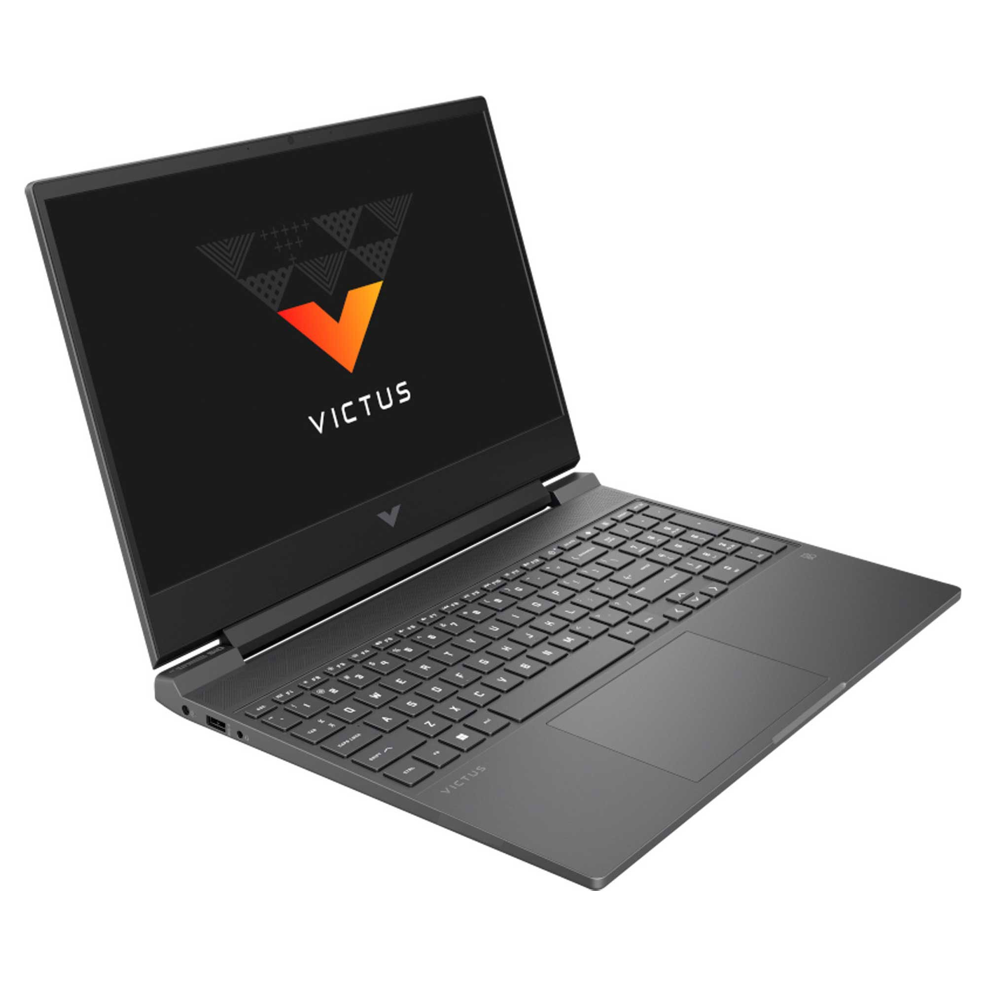 Koyu gri bir dizüstü bilgisayar açık, Victus logosunu gösteriyor. Klavye ve dokunmatik yüzey görünür.