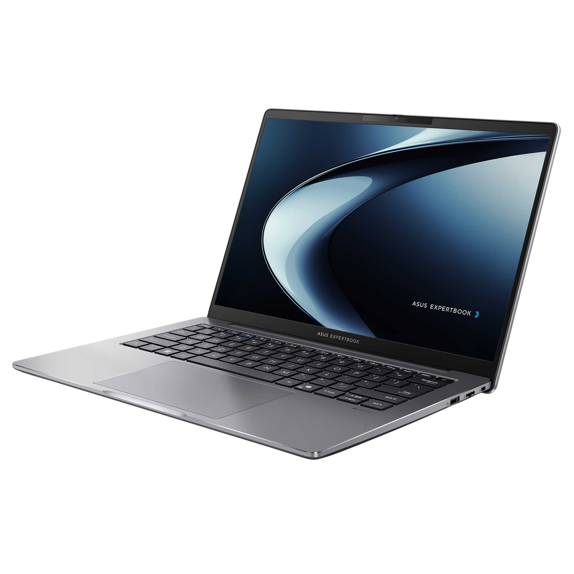 Beyaz zemin üzerinde gümüş renkli bir Asus Expertbook dizüstü bilgisayar, hafifçe açık. Ekran mavi ve beyaz grafikler gösteriyor.